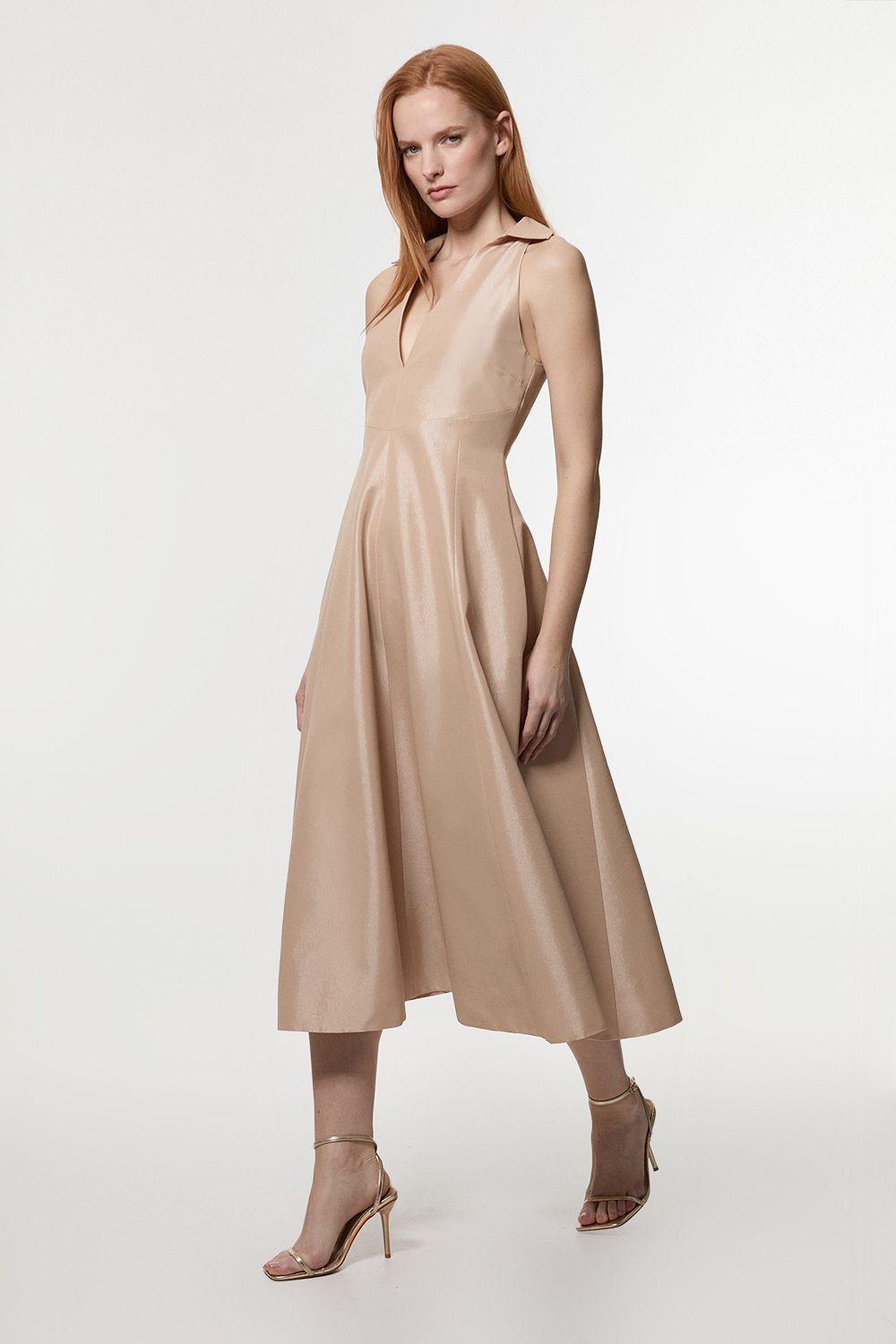 Metallic Taffeta Tux Tailored Full Skirted Shirt Dress by KARENMILLEN