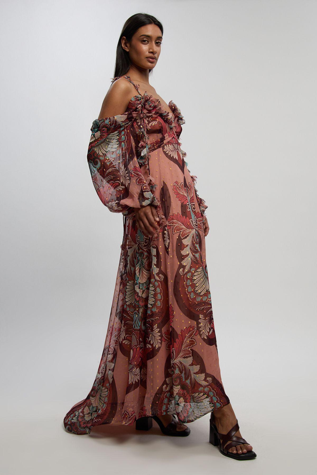 Metallic Thread Printed Cold Shoulder Woven Maxi Dress by KARENMILLEN