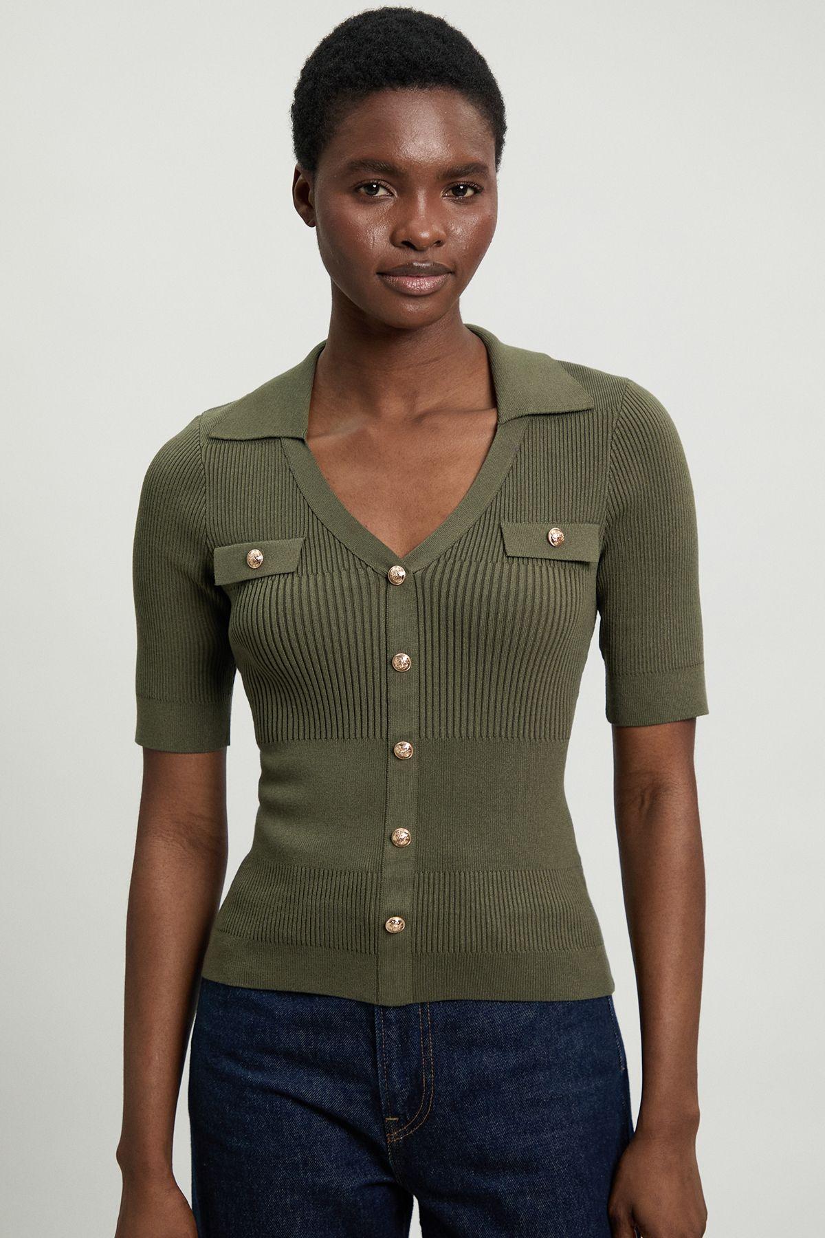 Military Trim Rib Knit Short Sleeve Collared Top by KARENMILLEN Military Trim Rib Knit Short Sleeve Collared Top by KARENMILLEN