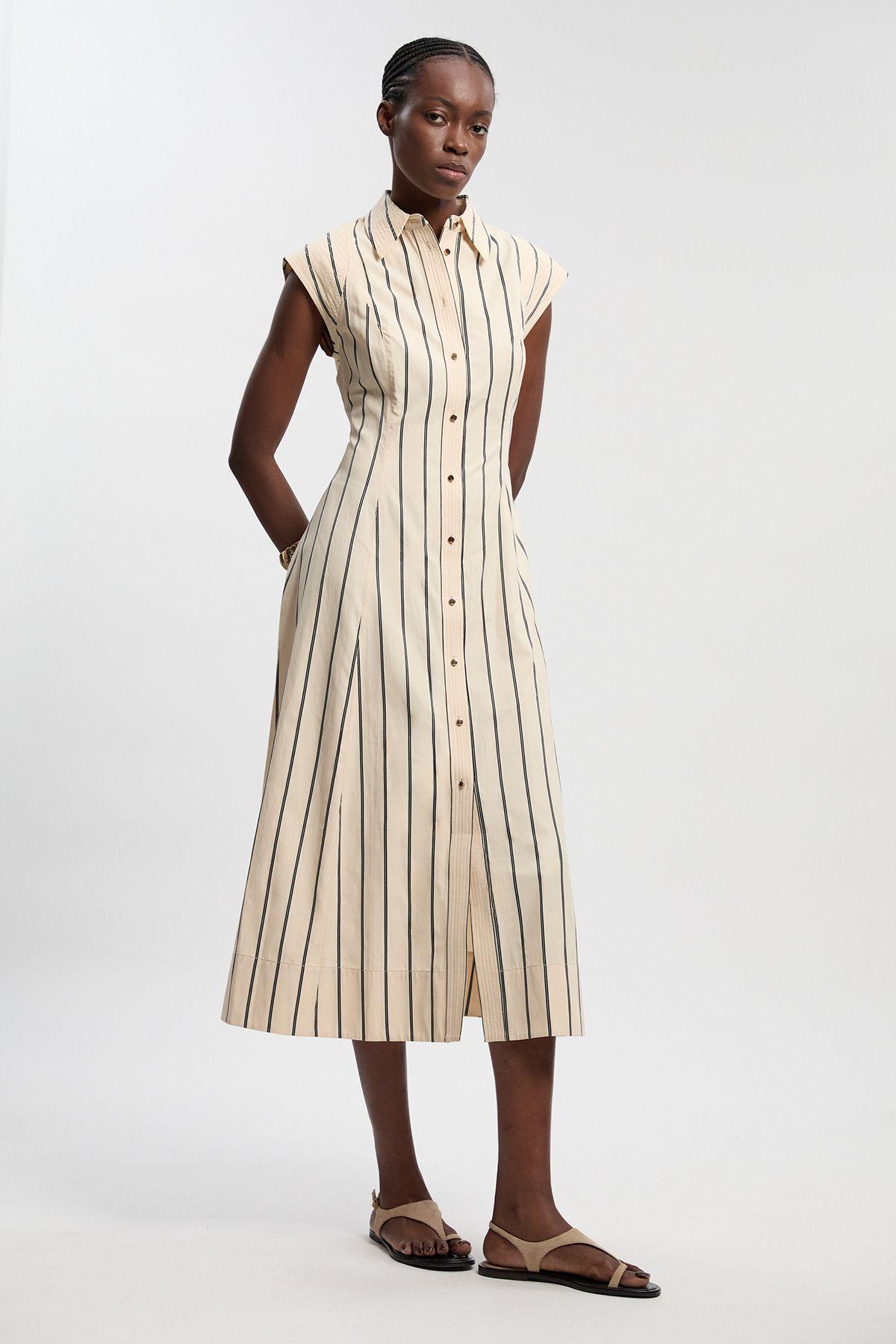 Mono Stripe Cotton Top Stitch Woven Midi Shirt Dress by KARENMILLEN