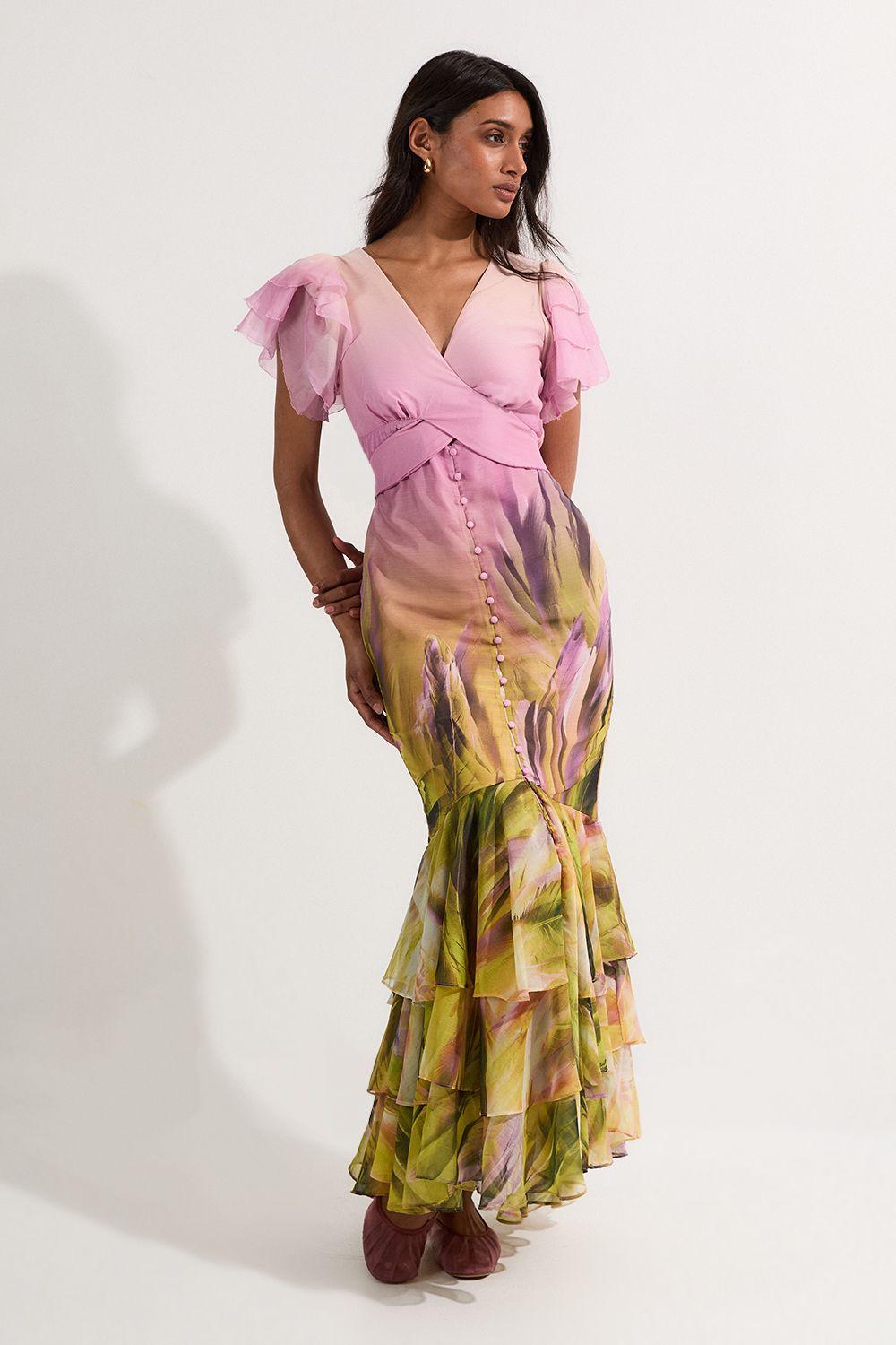 Ombre Floral Ruffle Sleeve Button Through Maxi Dress by KARENMILLEN