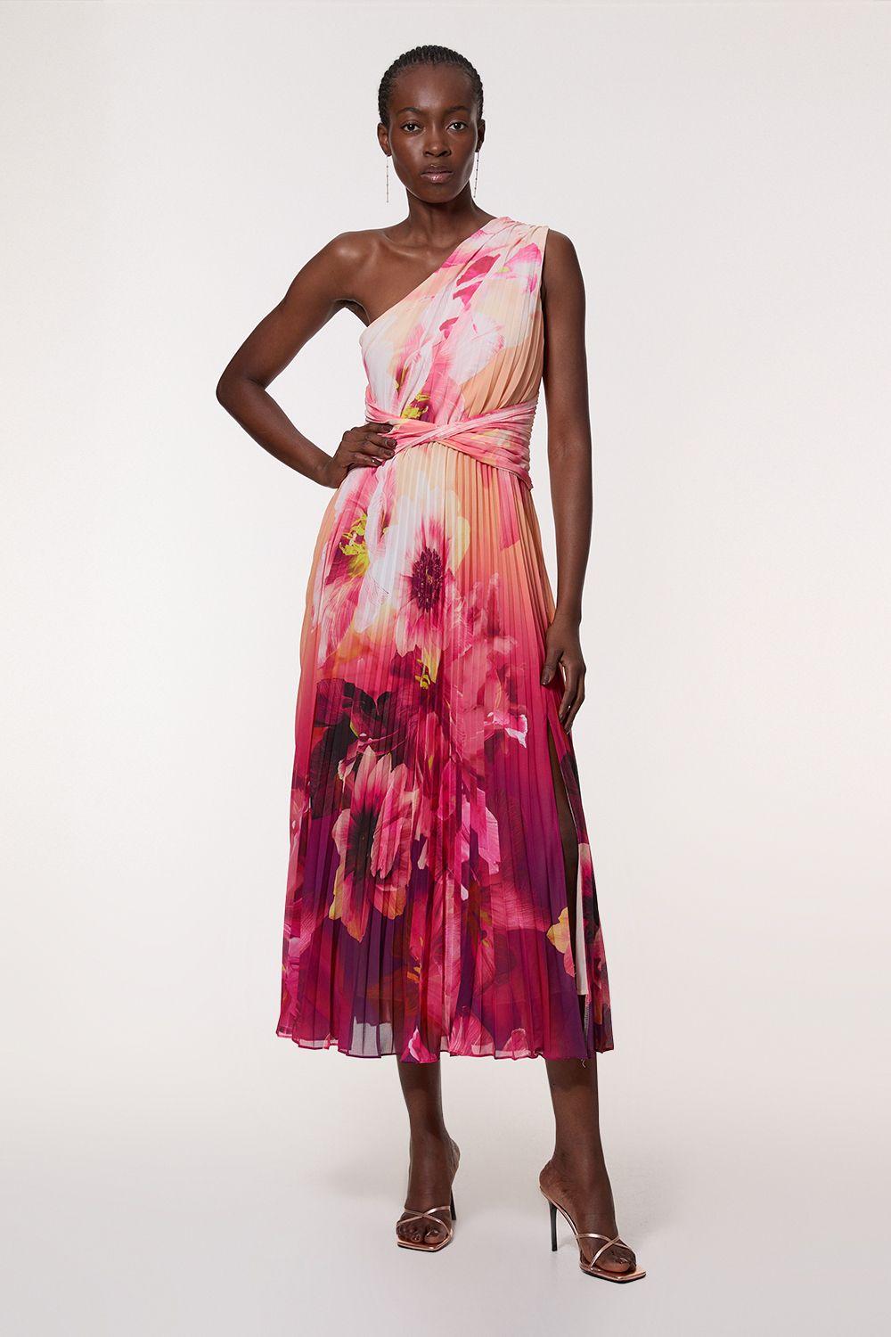 Ombre Floral Soft Pleated One Shoulder Maxi Dress by KARENMILLEN