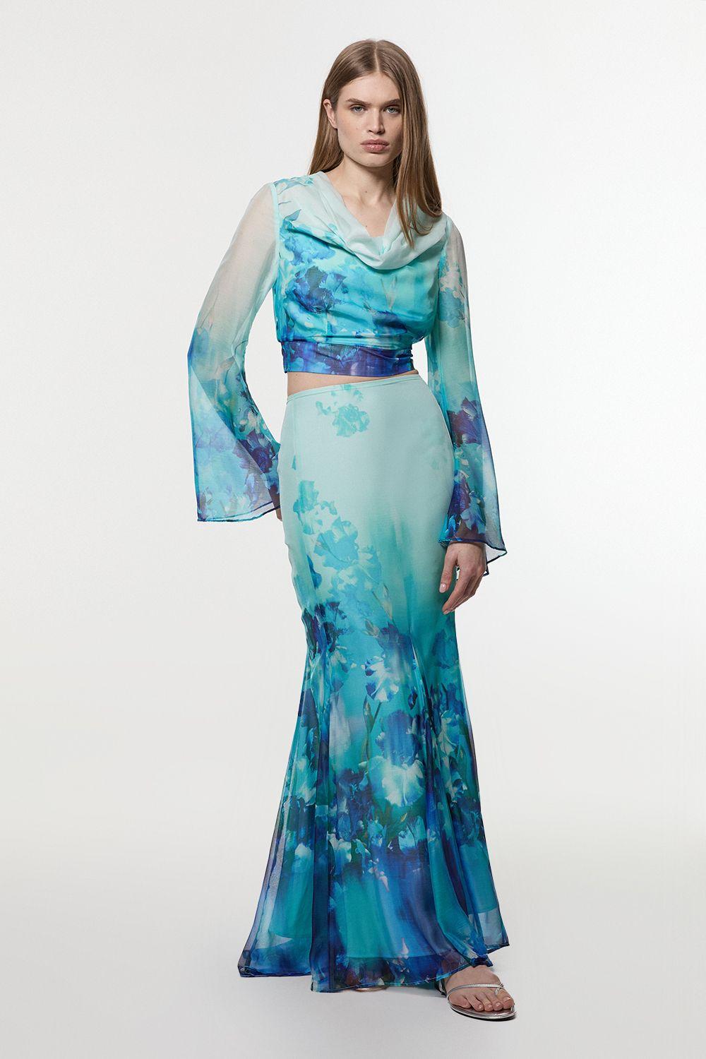 Ombre Floral Woven Crinkle Maxi Skirt by KARENMILLEN