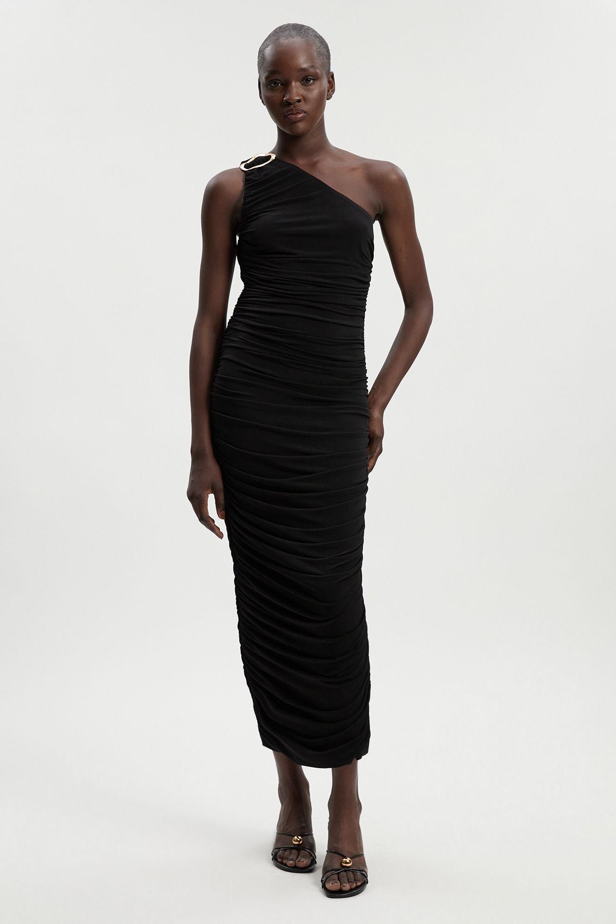 One Shoulder Drapey Crepe Trim Detail Ruched Maxi Dress by KARENMILLEN