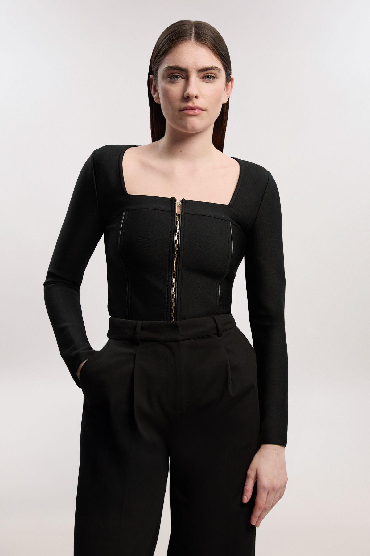 PU Tipped Detail Zip Through Bandage Knit Top by KARENMILLEN