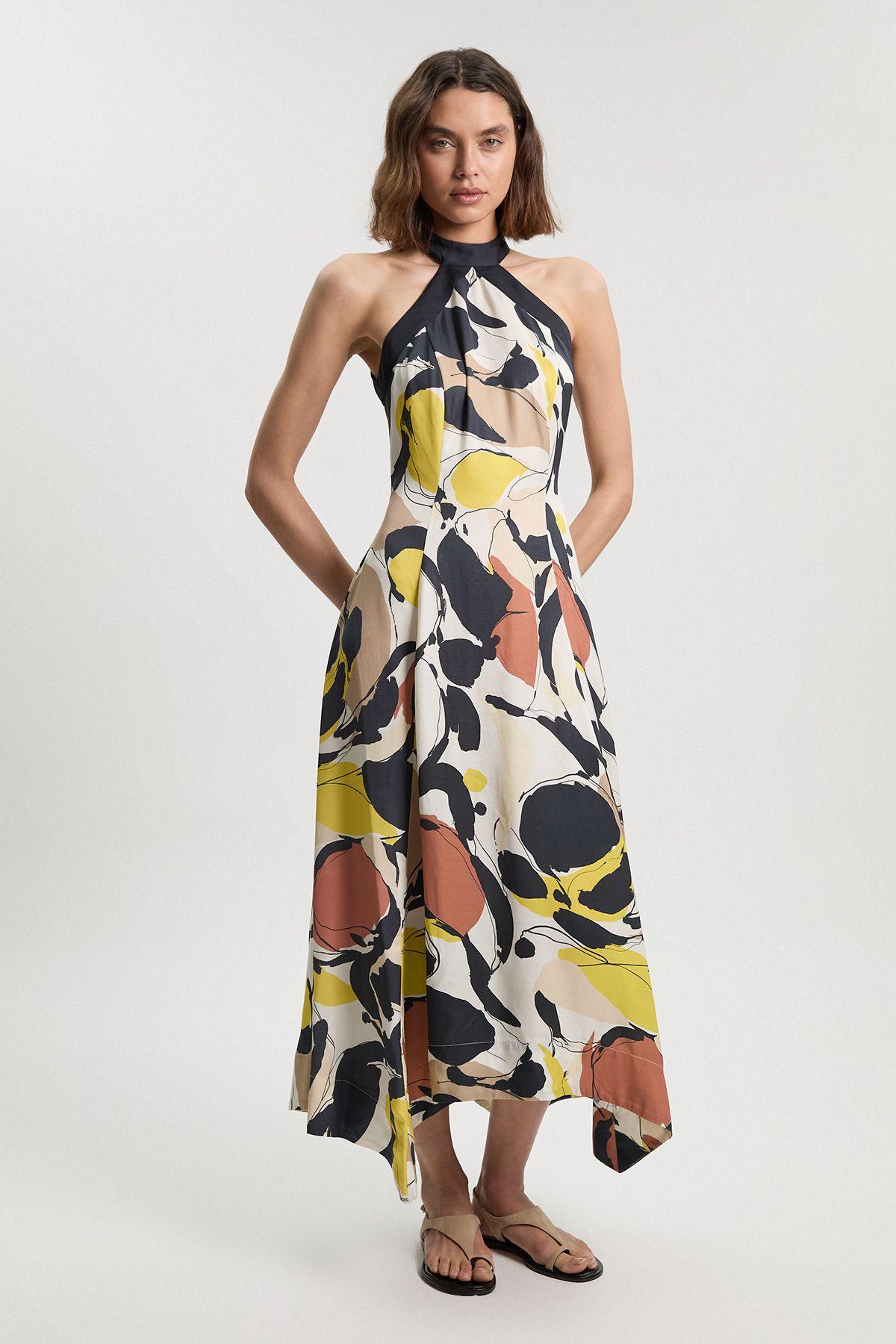 Petite Abstract Print Viscose Linen Woven Halter Neck Maxi Dress by KARENMILLEN