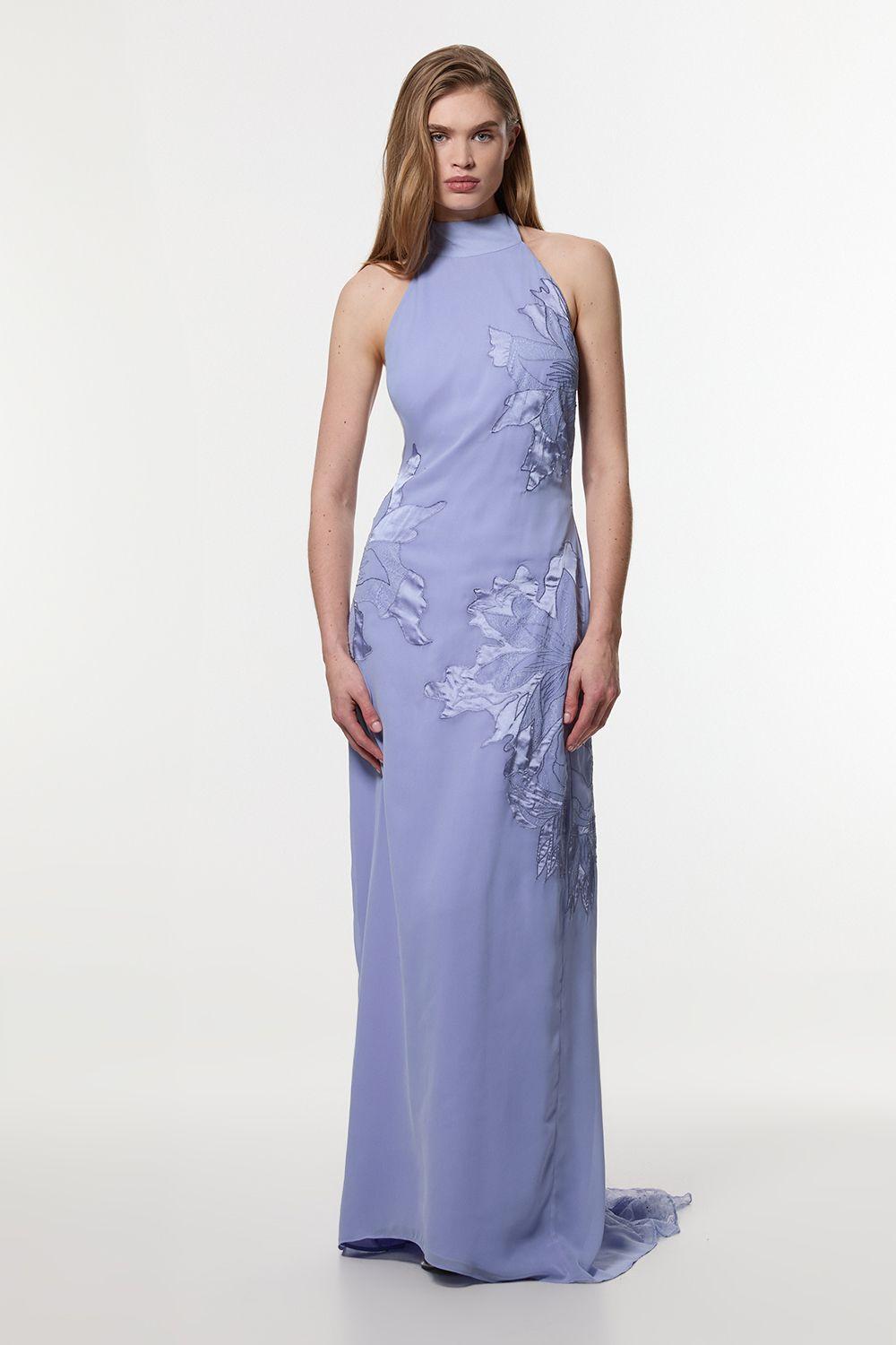 Petite Applique And Lace Georgette Woven Halter Maxi Dress by KARENMILLEN