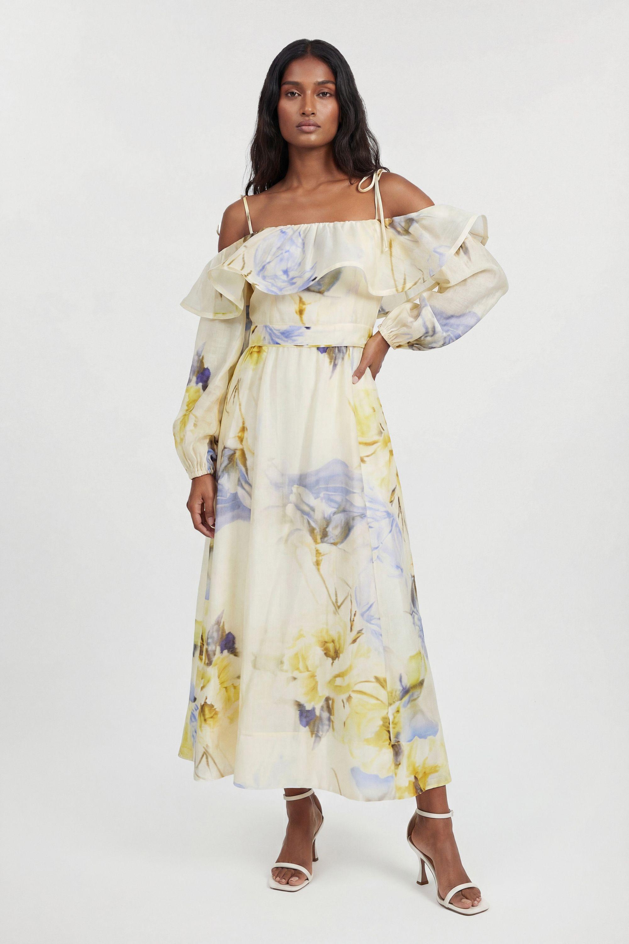 Petite Blue Floral Off The Shoulder Shirred Woven Maxi Dress by KARENMILLEN