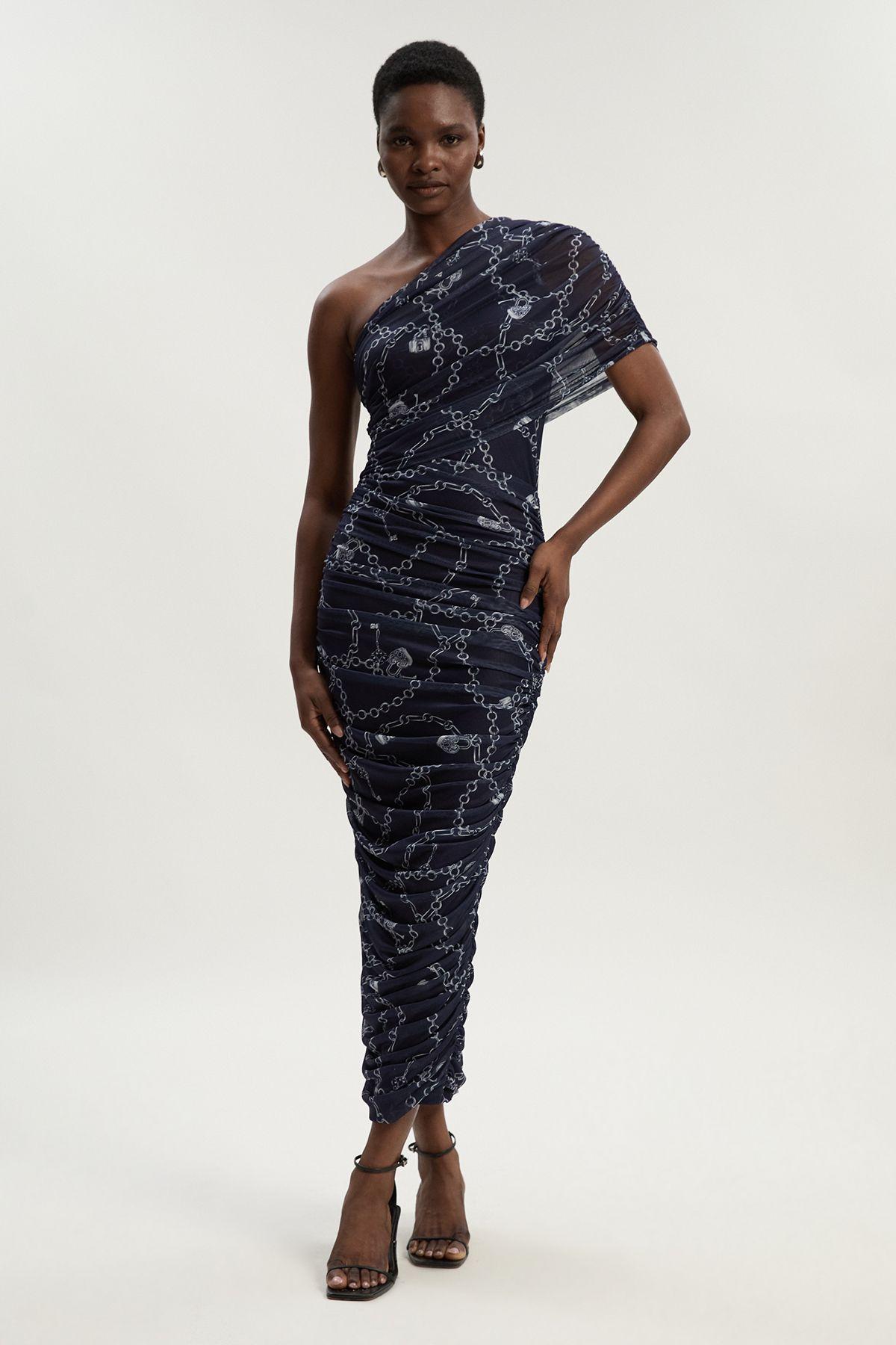 Petite Chain Print Mesh One Shoulder Midi Dress by KARENMILLEN