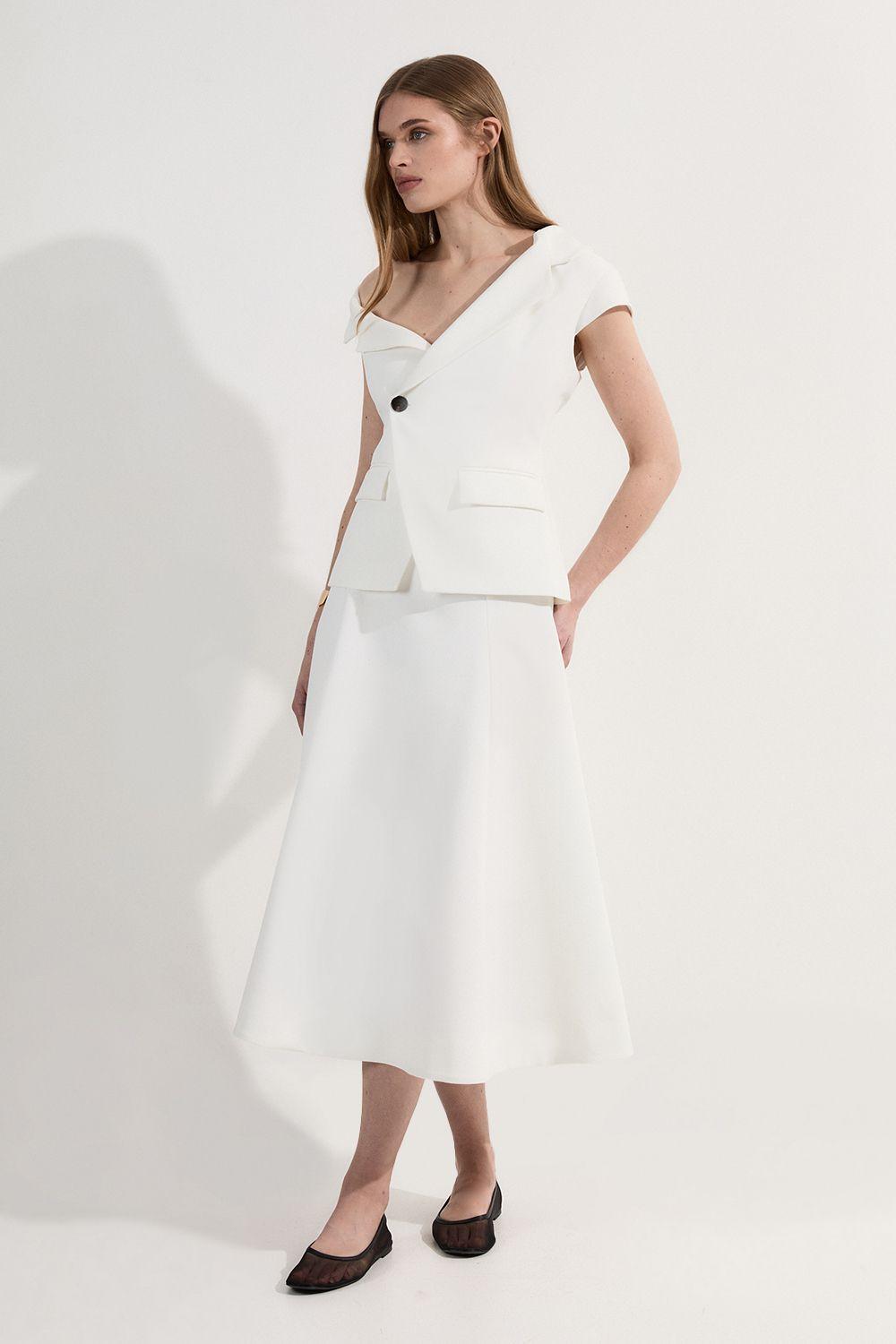 Petite Clean Tailored Asymmetric Collar Belted Full Skirted Tailored Midi Dress by KARENMILLEN