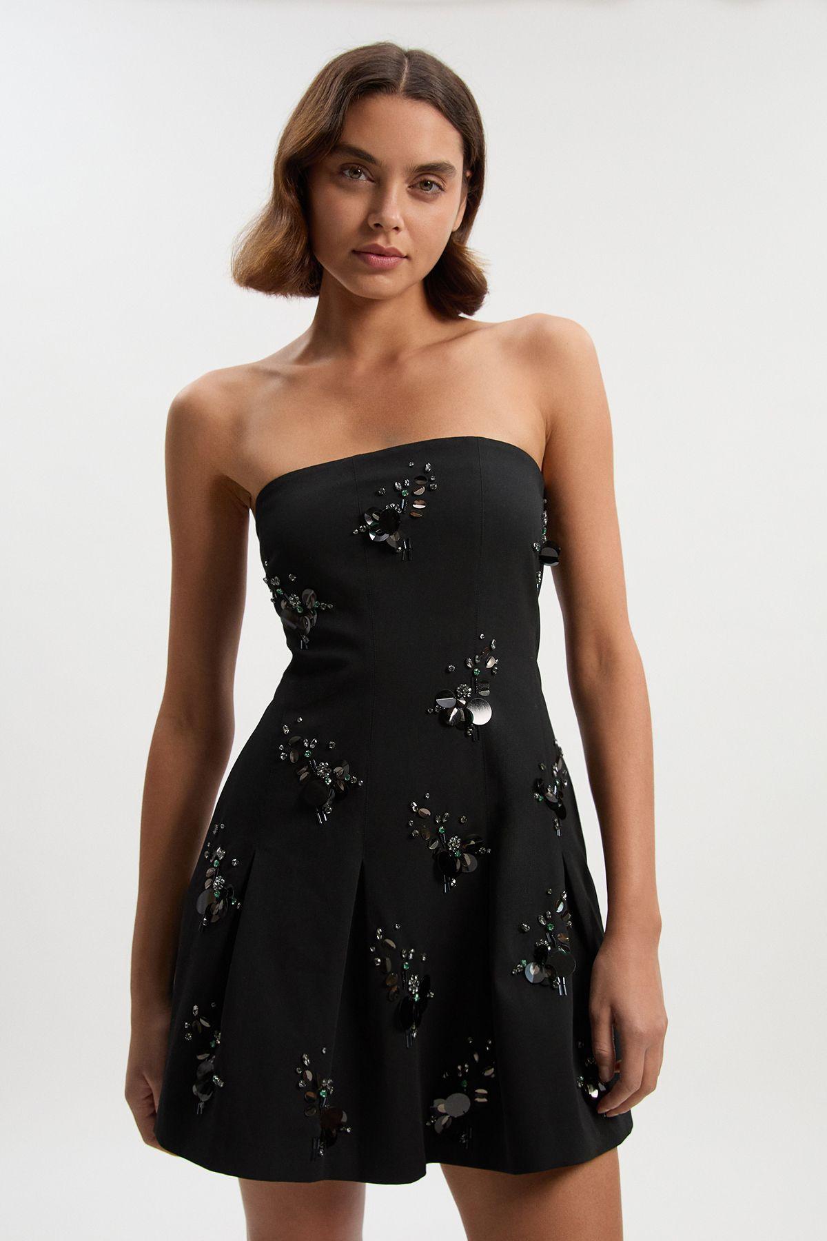 Petite Cluster Sequin & Crystal  Embellished Bandeau Tailored Mini Dress by KARENMILLEN