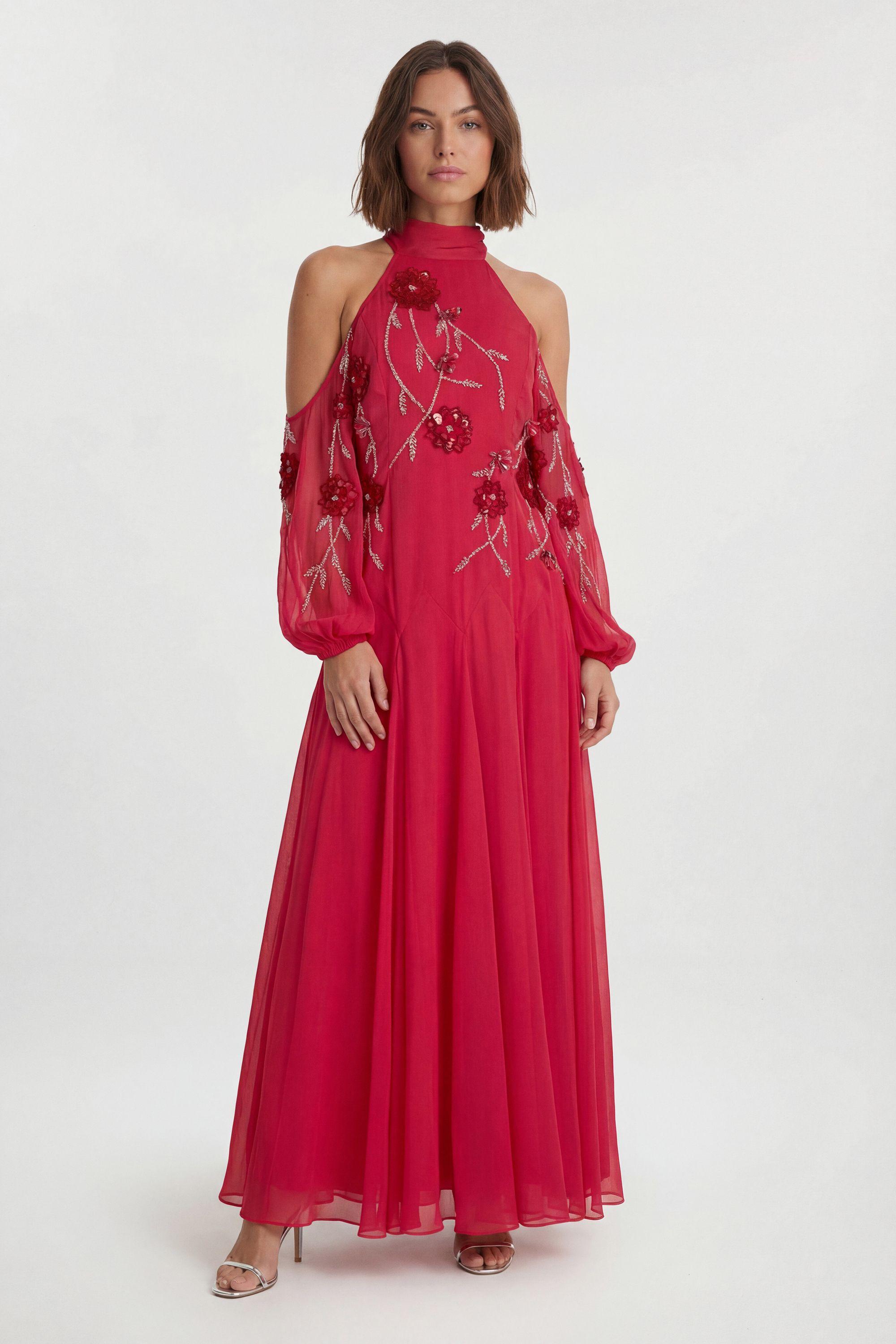 Petite Cold Shoulder 3D Floral Applique Woven Maxi Dress by KARENMILLEN