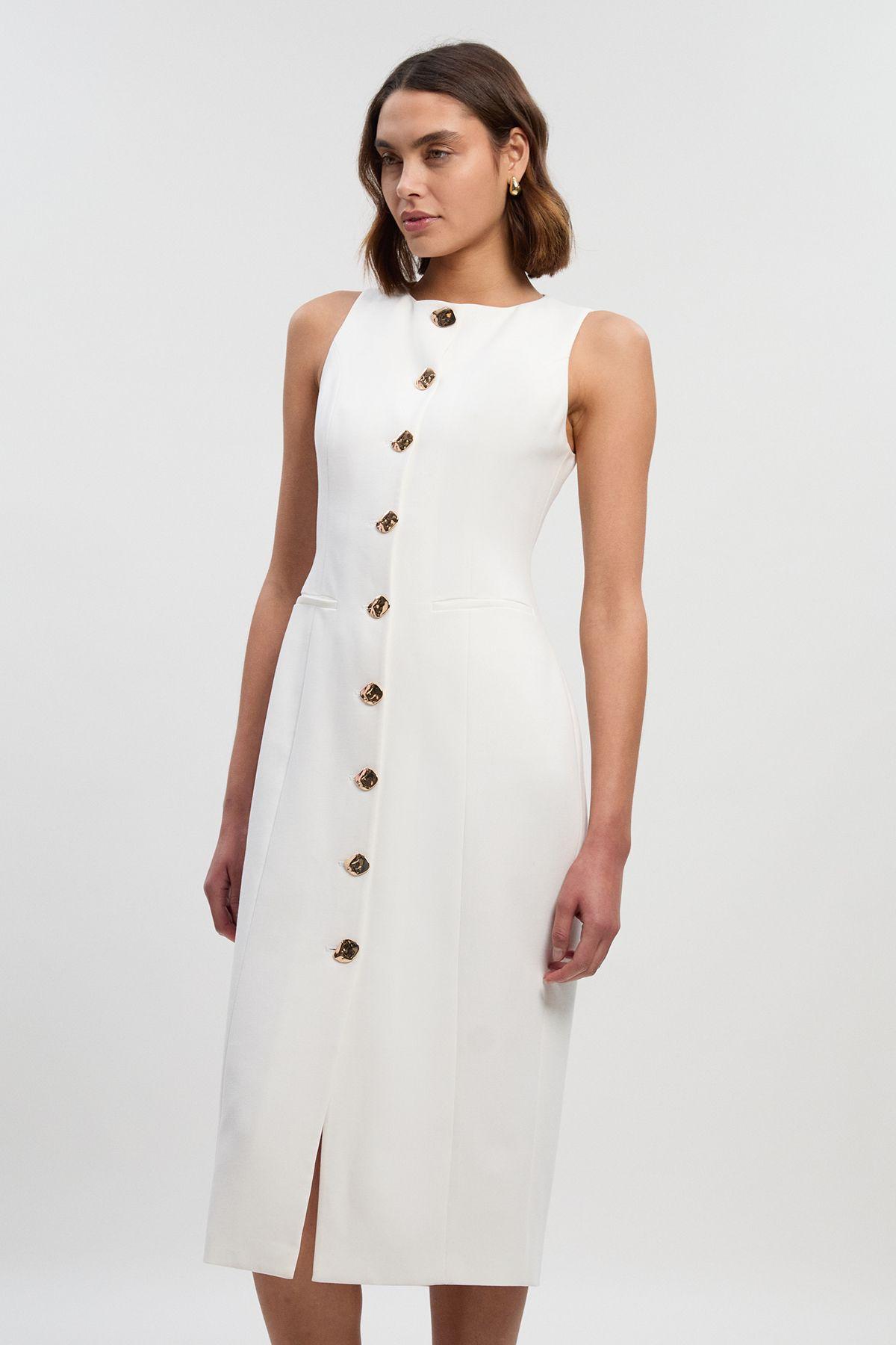 Petite Compact Essential Button Pencil Midi Dress by KARENMILLEN