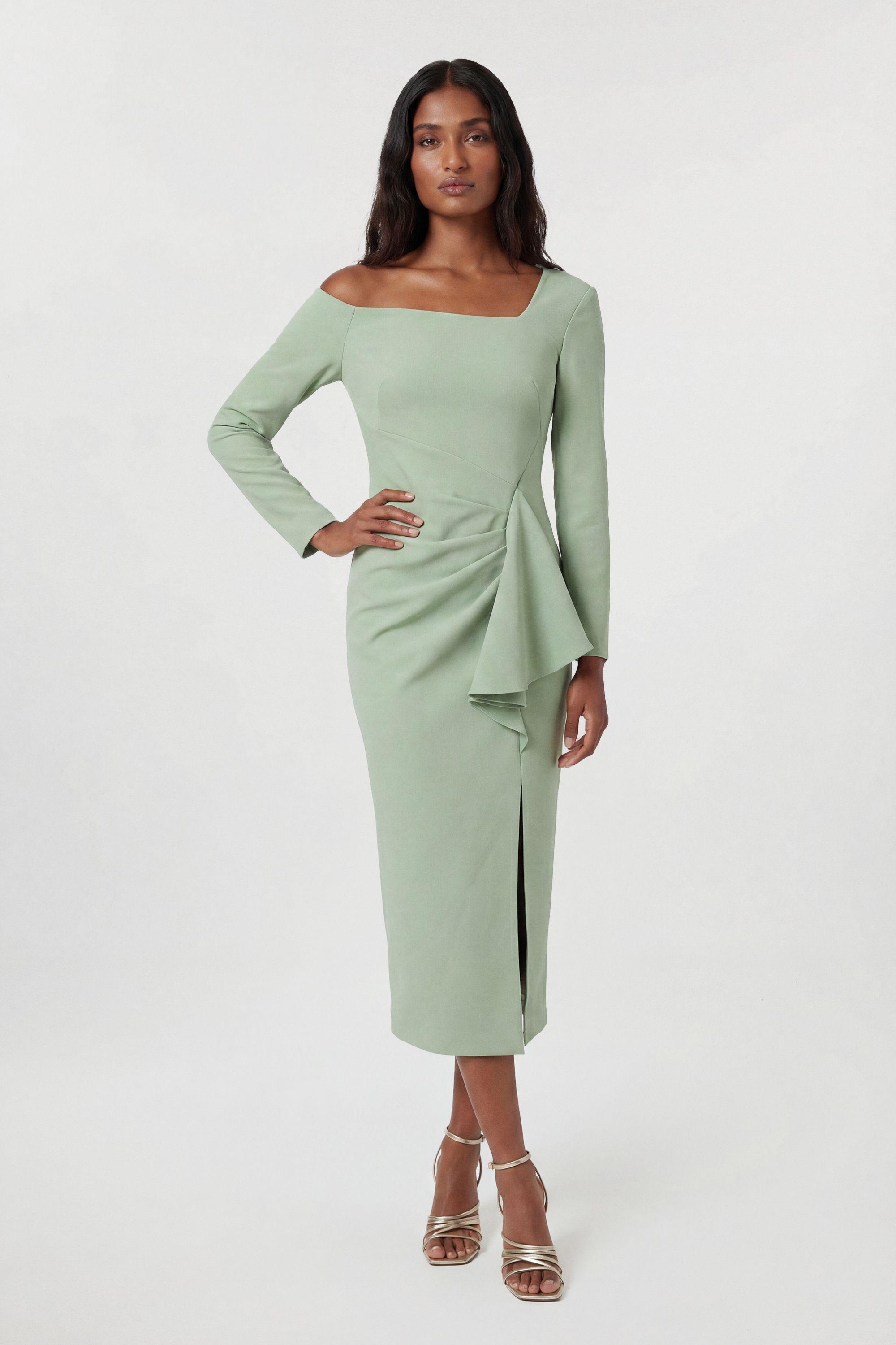 Petite Compact Stretch Asymmetric Neckline Draped Midi Dress by KARENMILLEN