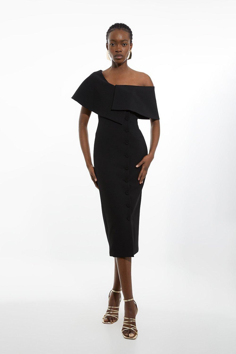 Petite Compact Stretch Off Shoulder Button Through Tailored Midaxi Pencil Dress by KARENMILLEN