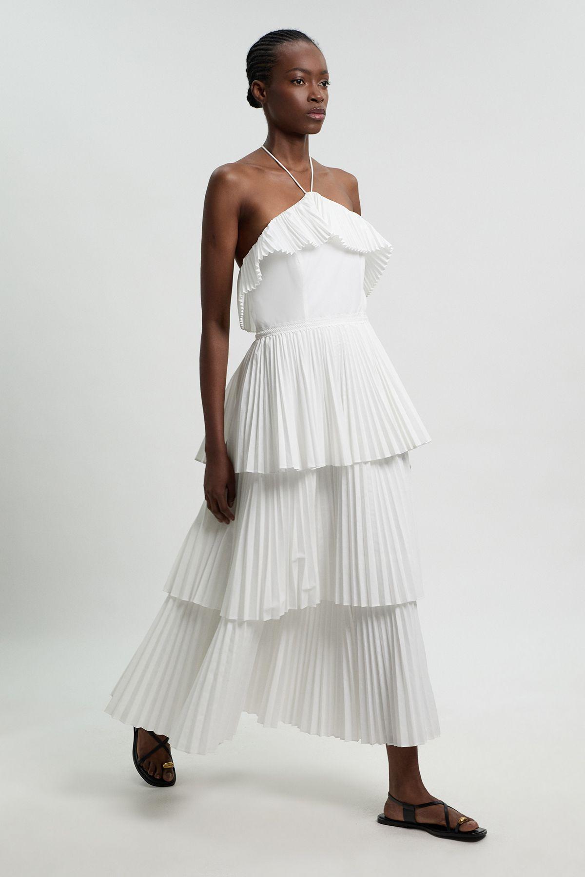 Petite Cotton Poplin Pleat Detail Halterneck Woven Maxi Dress by KARENMILLEN