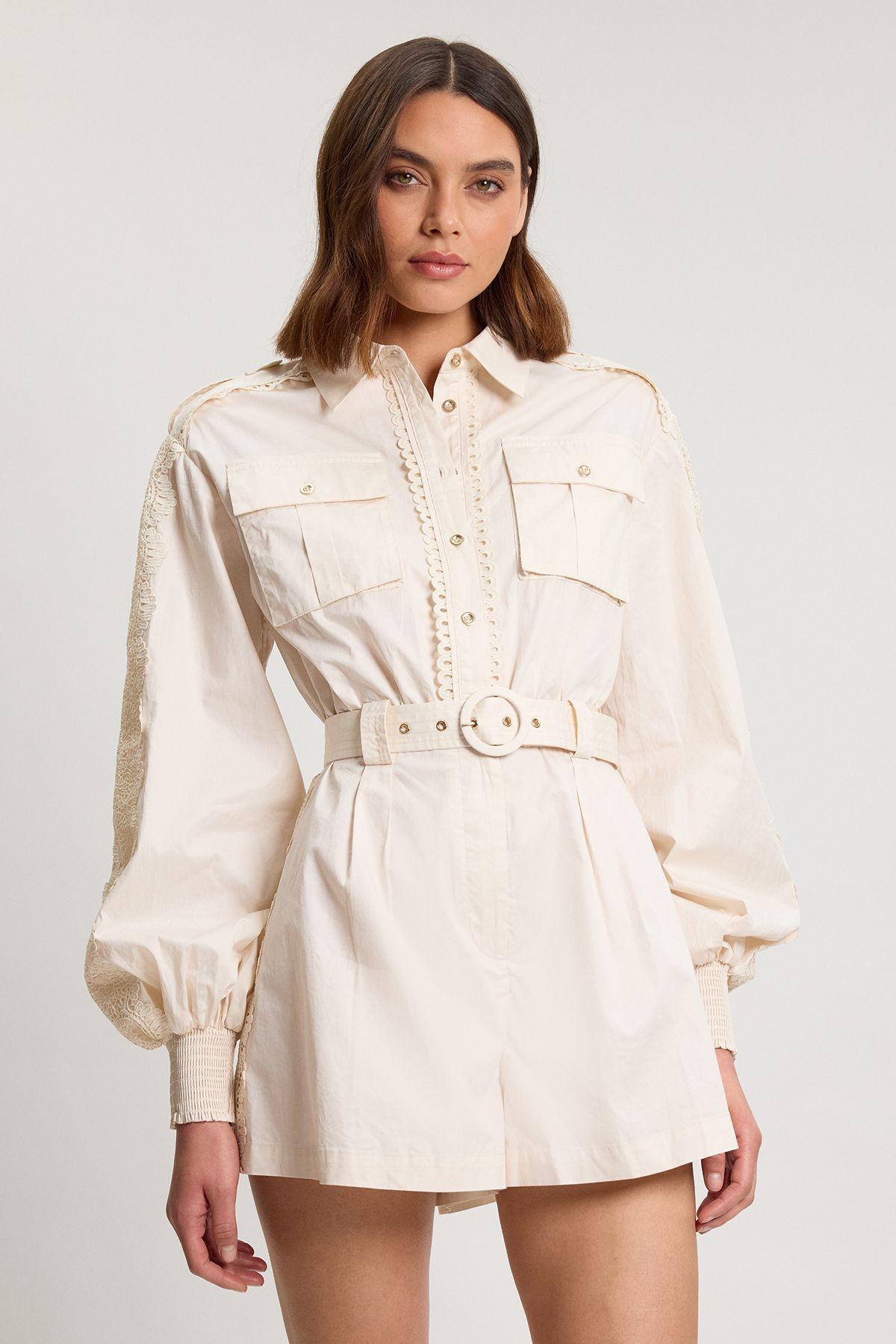 Petite Cotton Sateen With Lace Trim Pocket Detail Playsuit by KARENMILLEN