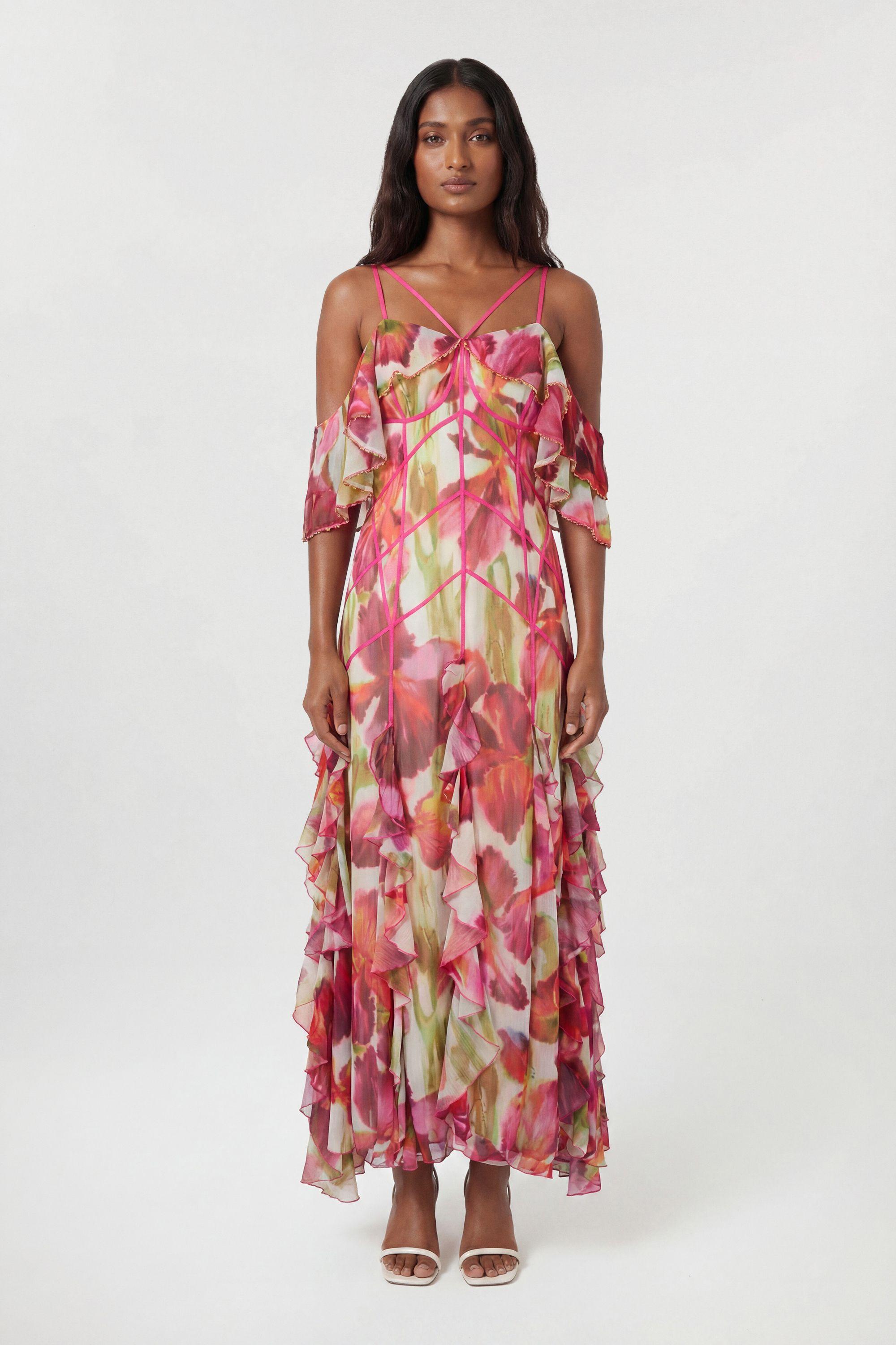Petite Crinkle Floral Print Beaded Cold Shoulder Maxi Dress by KARENMILLEN