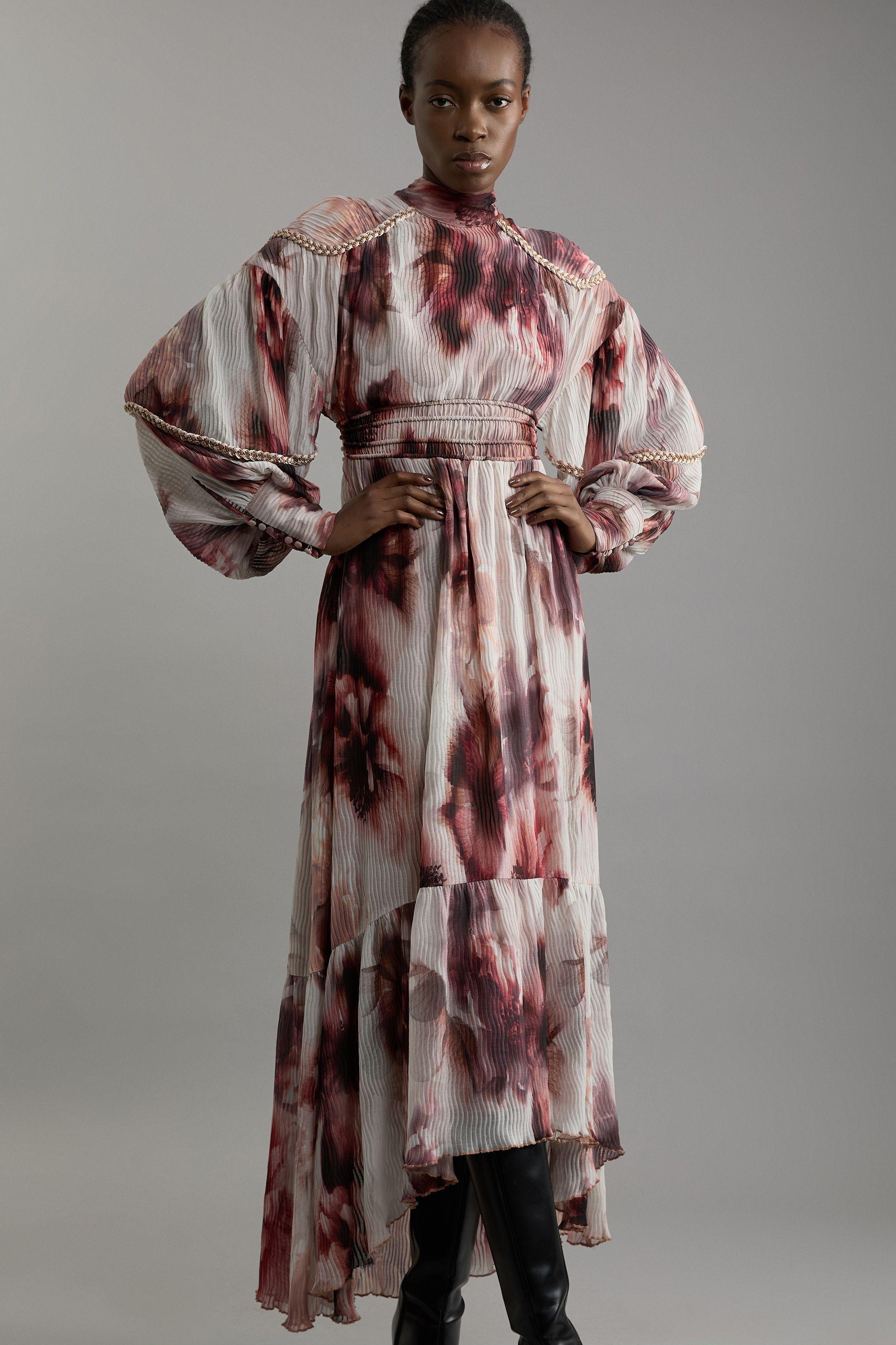 Petite Crinkle Floral Woven Maxi Dress With Laced Back And Embellishment by KARENMILLEN