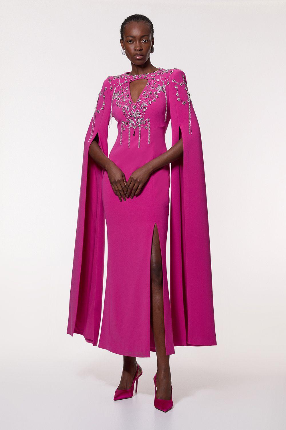 Petite Crystal Embellished Cady Woven Cape Maxi Dress by KARENMILLEN