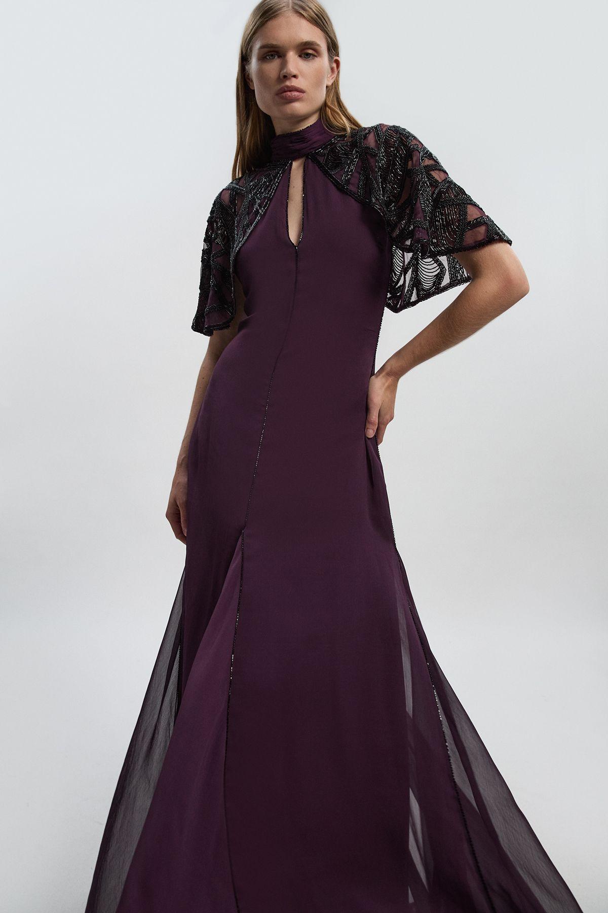 Petite Crystal Embellished Cutwork Cape Detail Woven Maxi Dress by KARENMILLEN