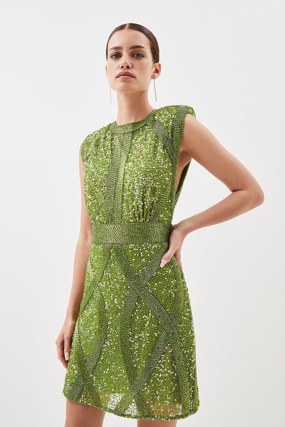 Petite Crystal Embellished Strong Shoulder Woven Mini Dress by KARENMILLEN