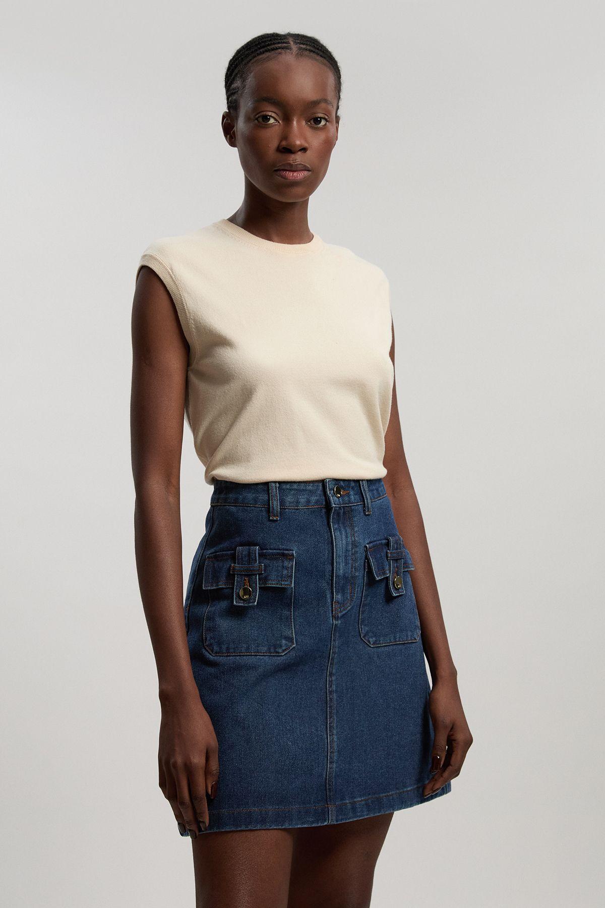 Petite Denim Button Front Midi Skirt by KARENMILLEN