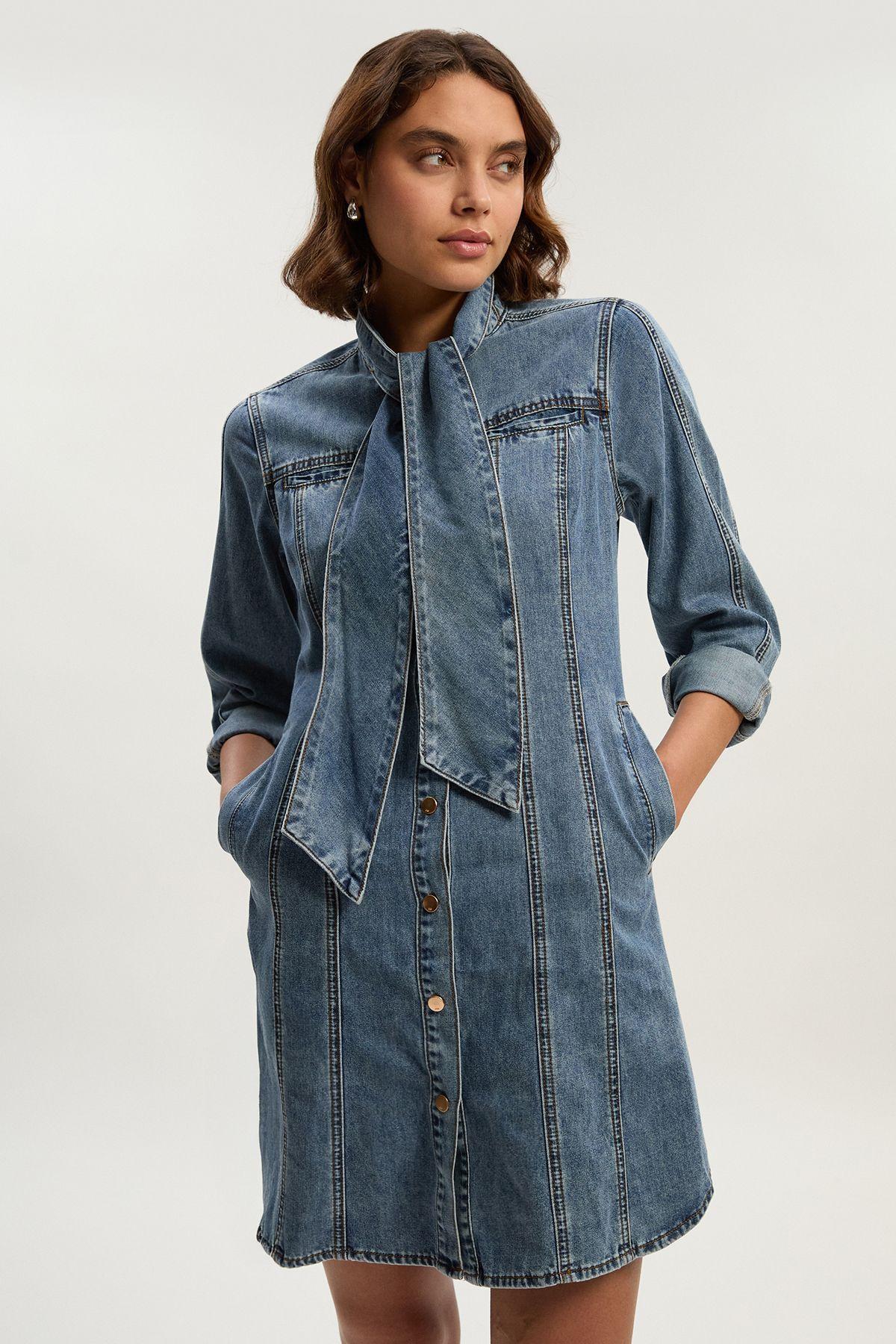 Petite Denim Pussy Bow Shirt Dress by KARENMILLEN