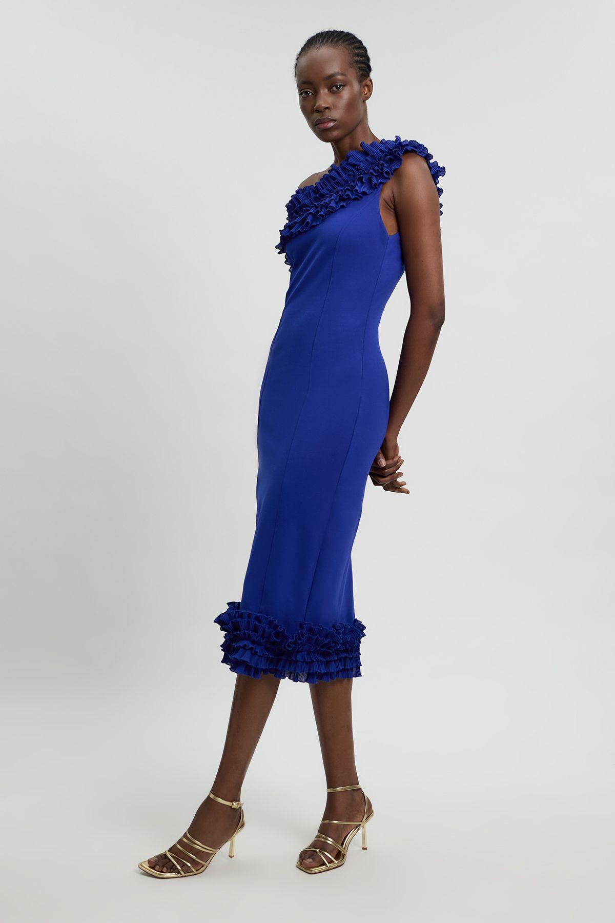 Petite Drama Ruffle Asymmetric Midi Dress by KARENMILLEN