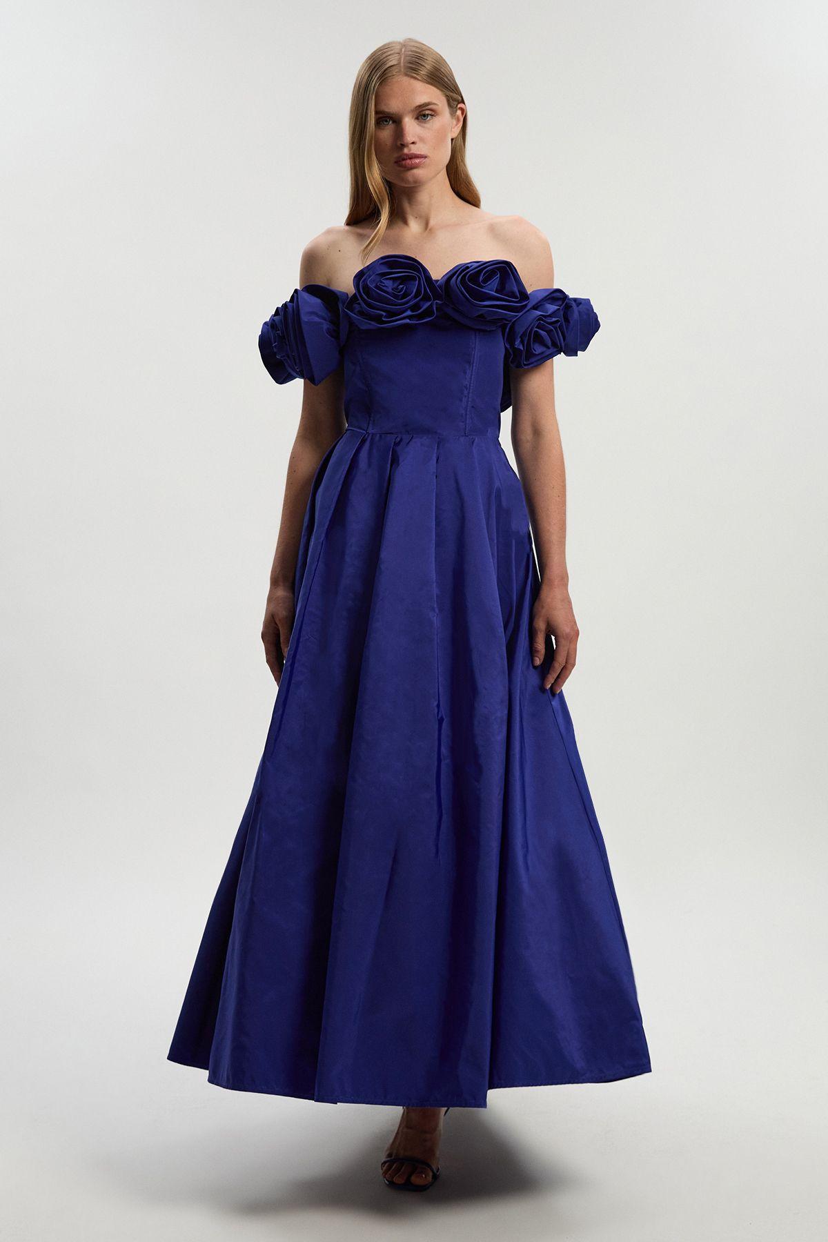 Petite Drama Taffeta Rosette Woven Maxi Prom Dress by KARENMILLEN