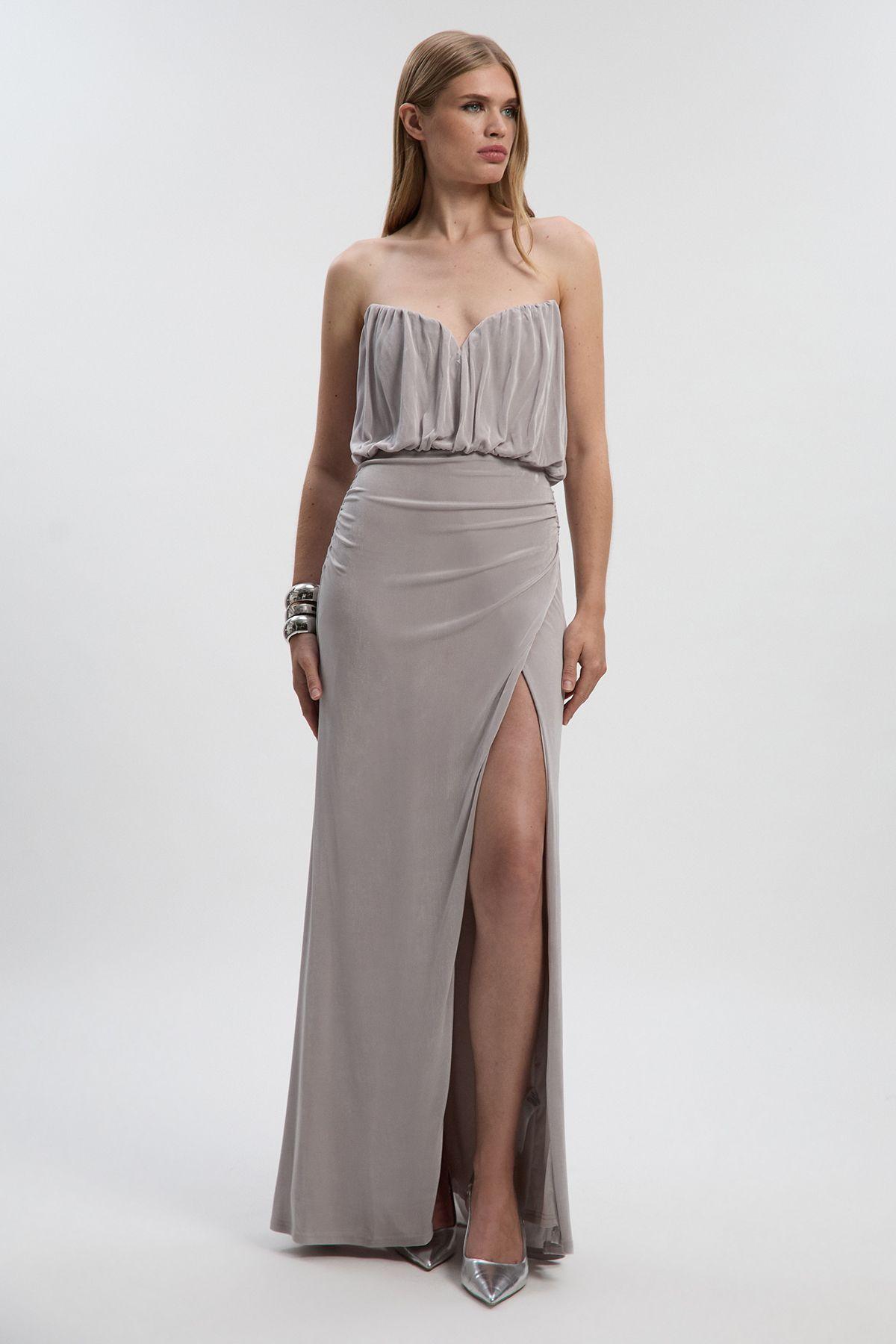 Petite Drapey Crepe Bandeau Split Maxi Dress by KARENMILLEN