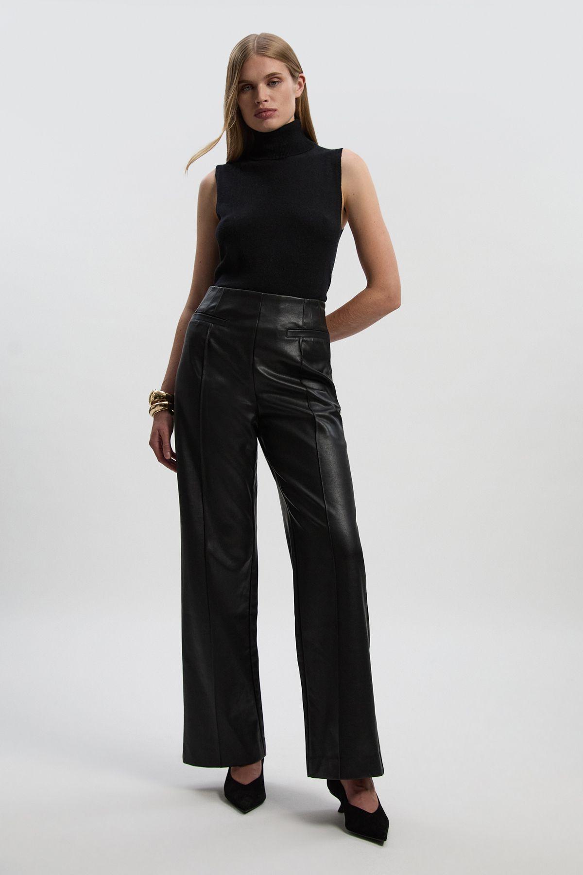 Petite Faux Leather Seam Detail Wide Leg Tailored Trouser by KARENMILLEN