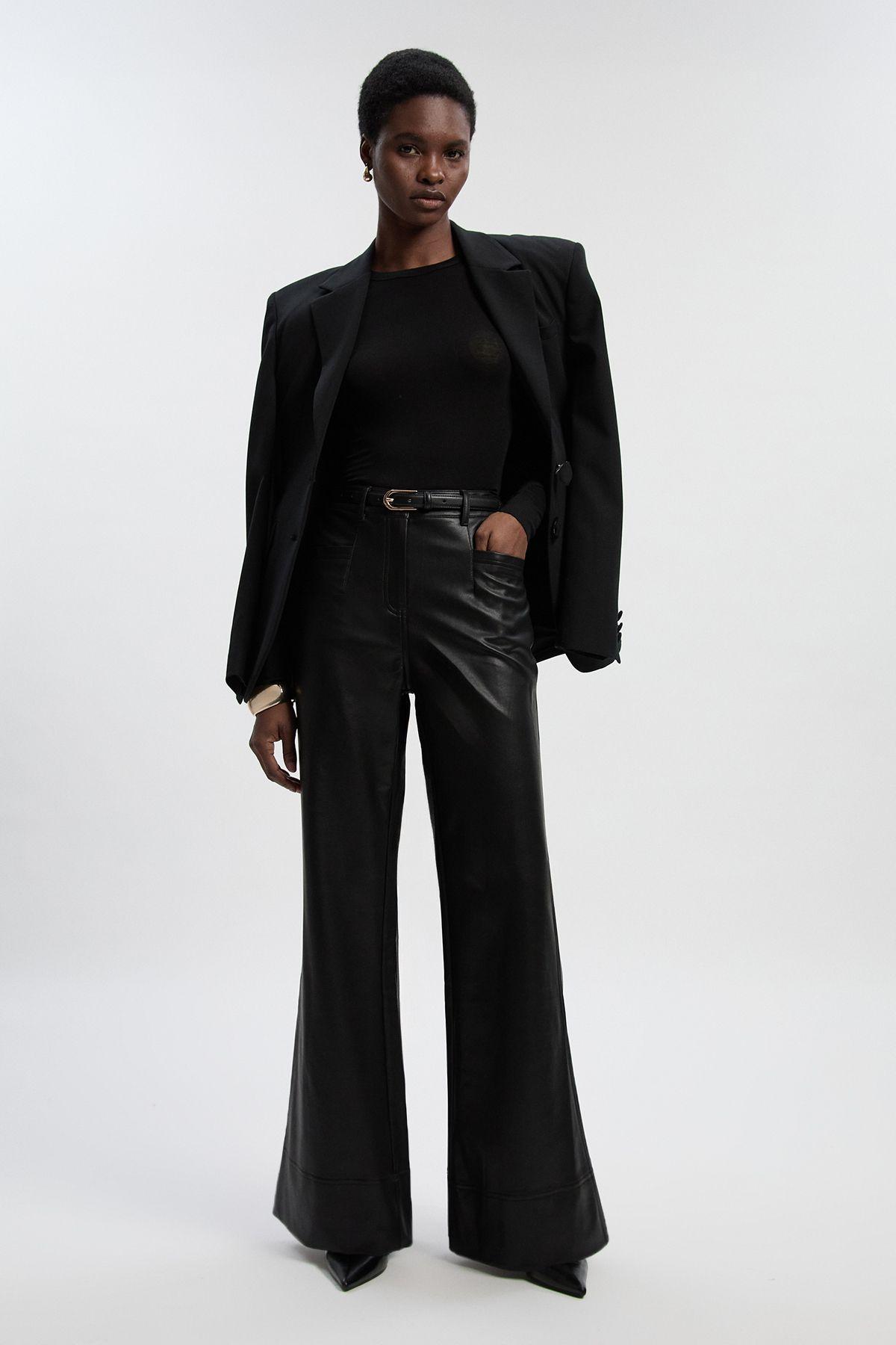 Petite Faux Leather Tailored Kickflare Trouser by KARENMILLEN