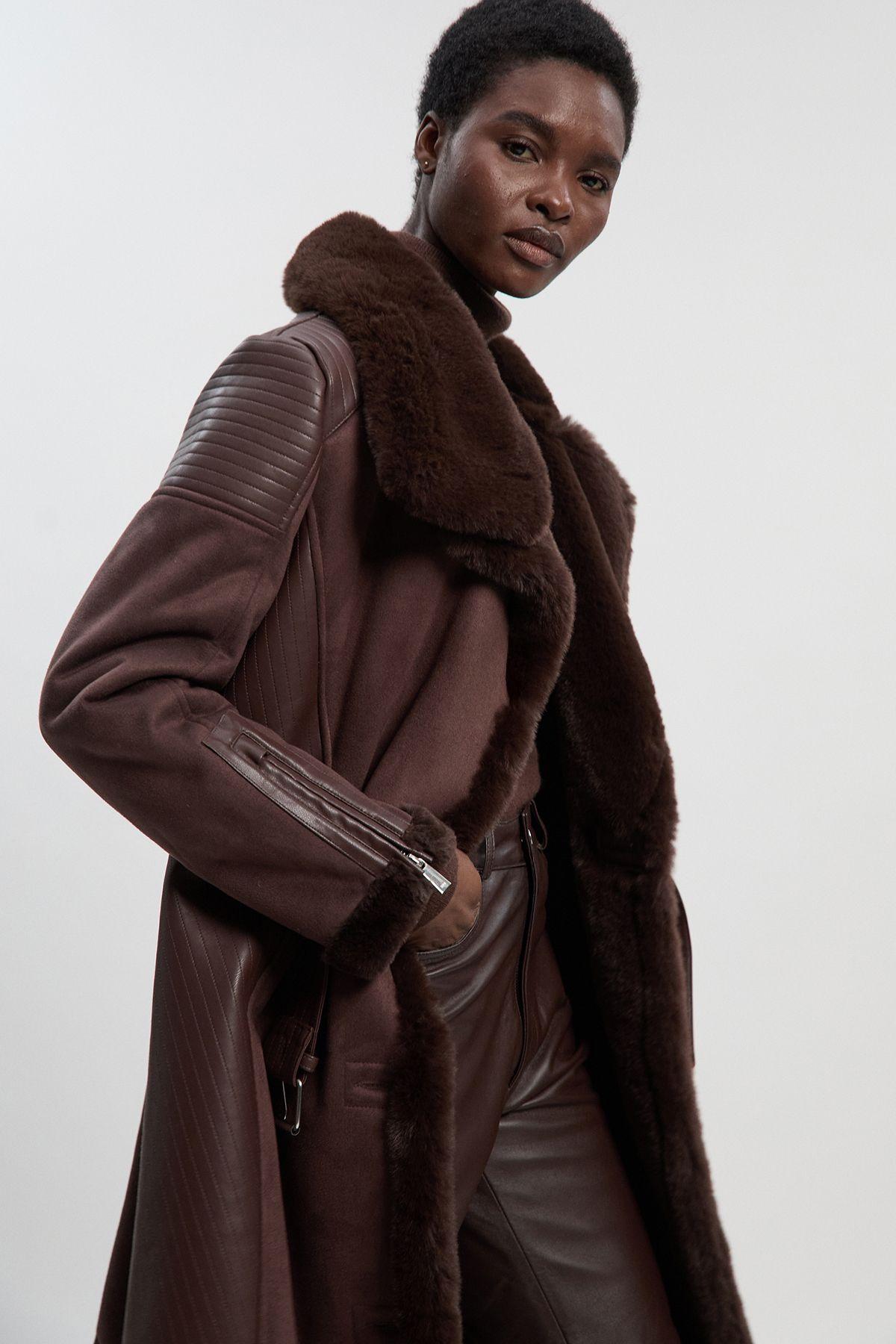 Petite Faux Shearling Biker Longline Coat by KARENMILLEN