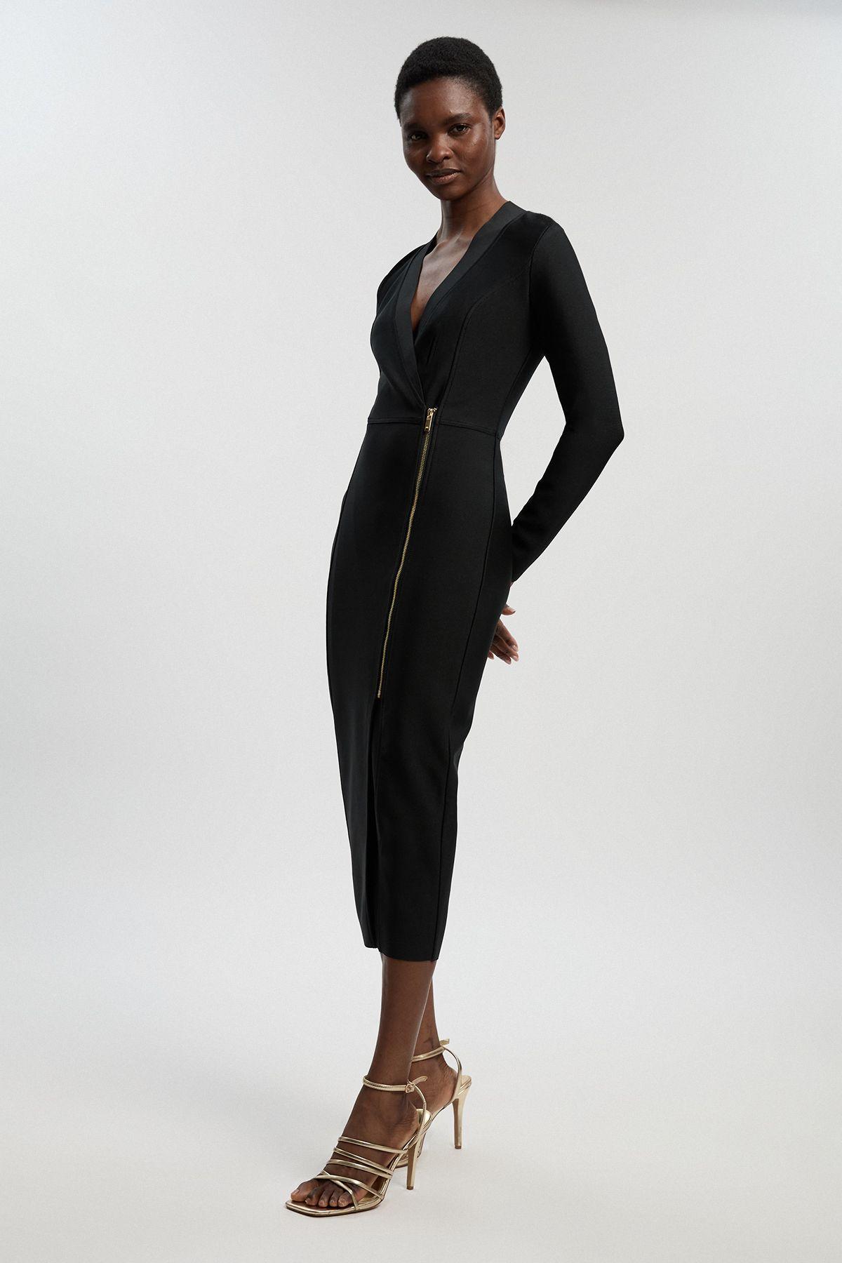Petite Figure Form Bandage Asymmetric Zip Detail Midi Dress by KARENMILLEN