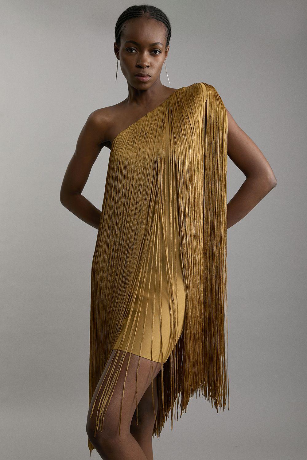 Petite Figure Form Bandage One Shoulder Fringe Mini Knit Dress by KARENMILLEN