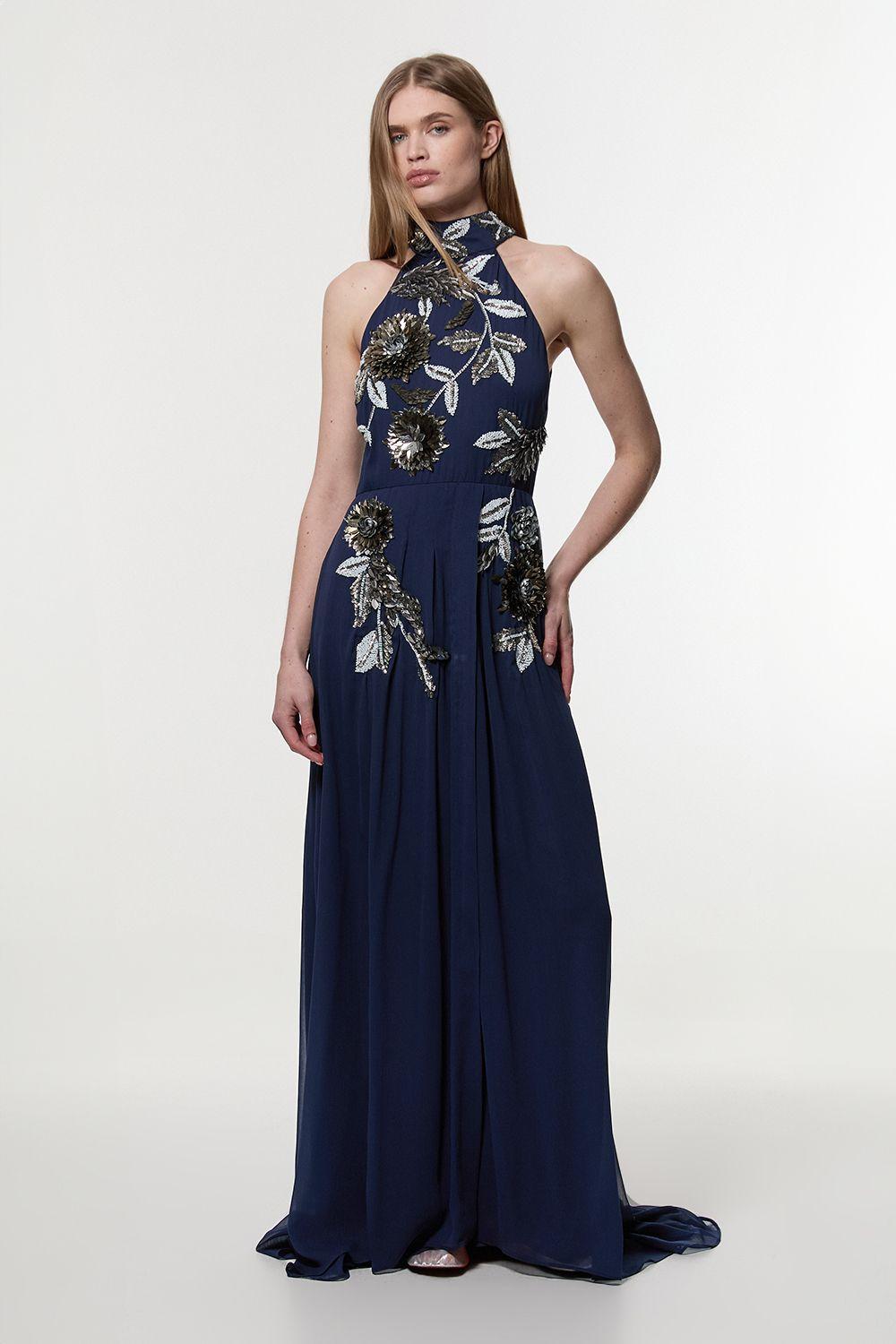 Petite Floral 3D Embellished Halter Tie Neck Woven Maxi Dress by KARENMILLEN