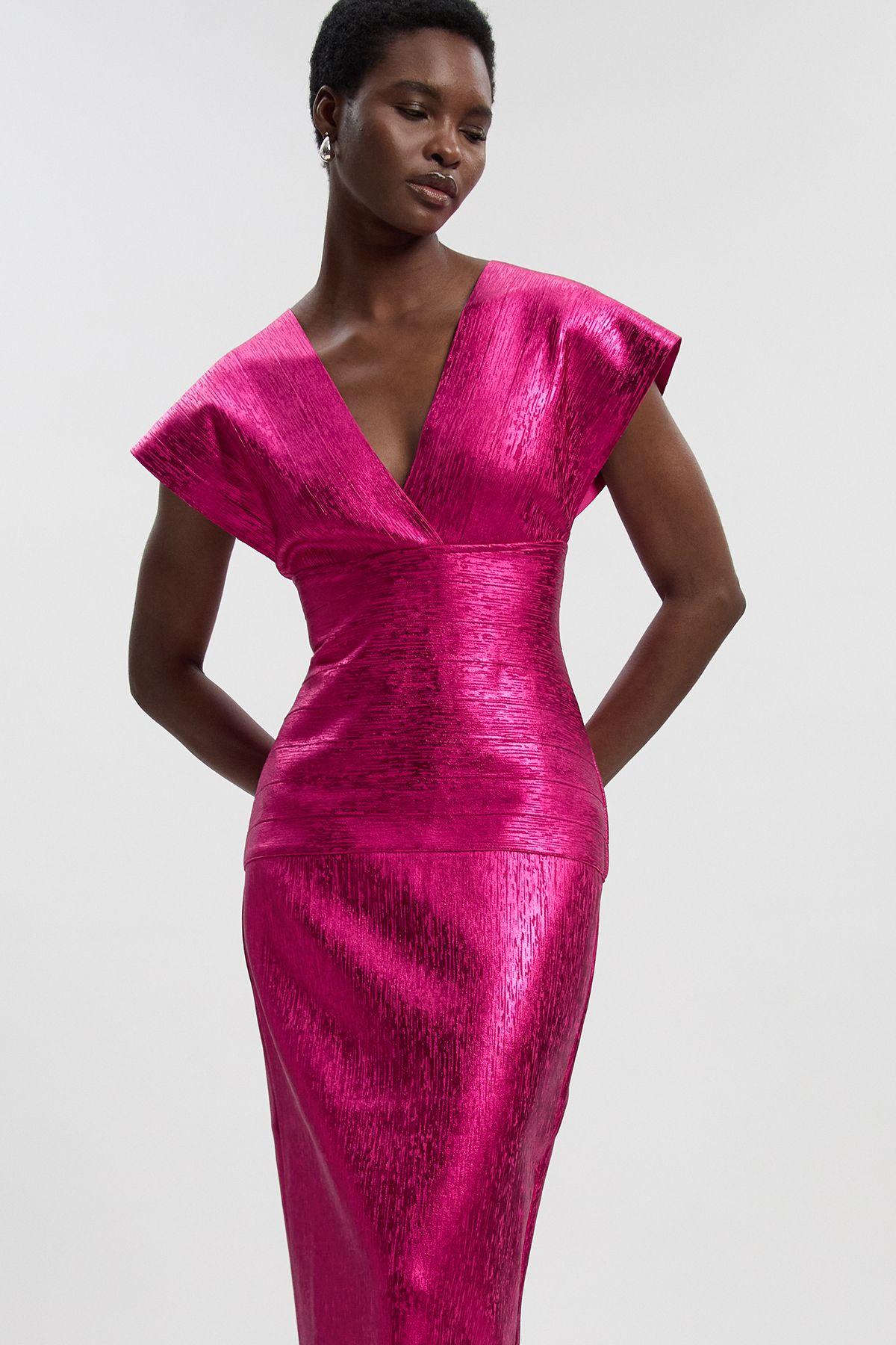 Petite Foil Metallic Figure Form Bandage Angel Sleeve Knit Maxi Dress by KARENMILLEN