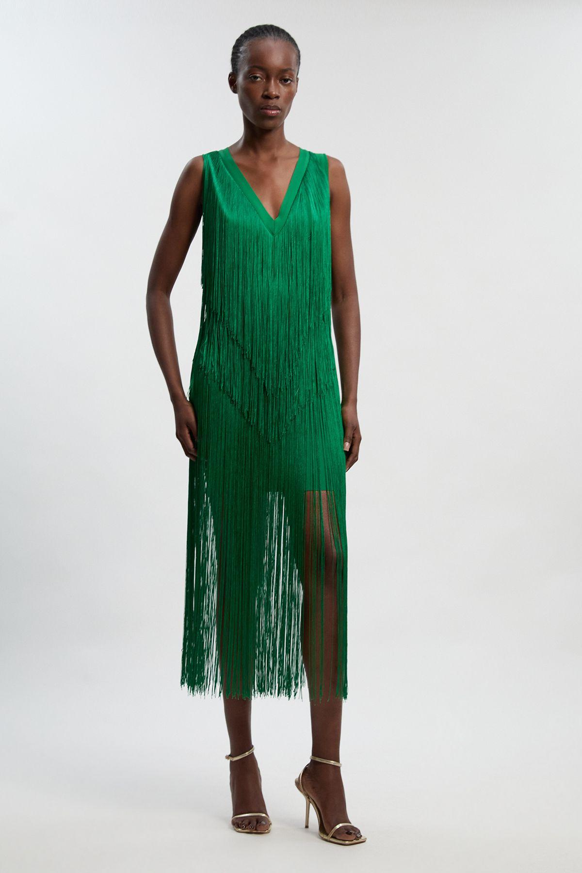 Petite Fringe Bandage V Neck Knit Midi Dress by KARENMILLEN