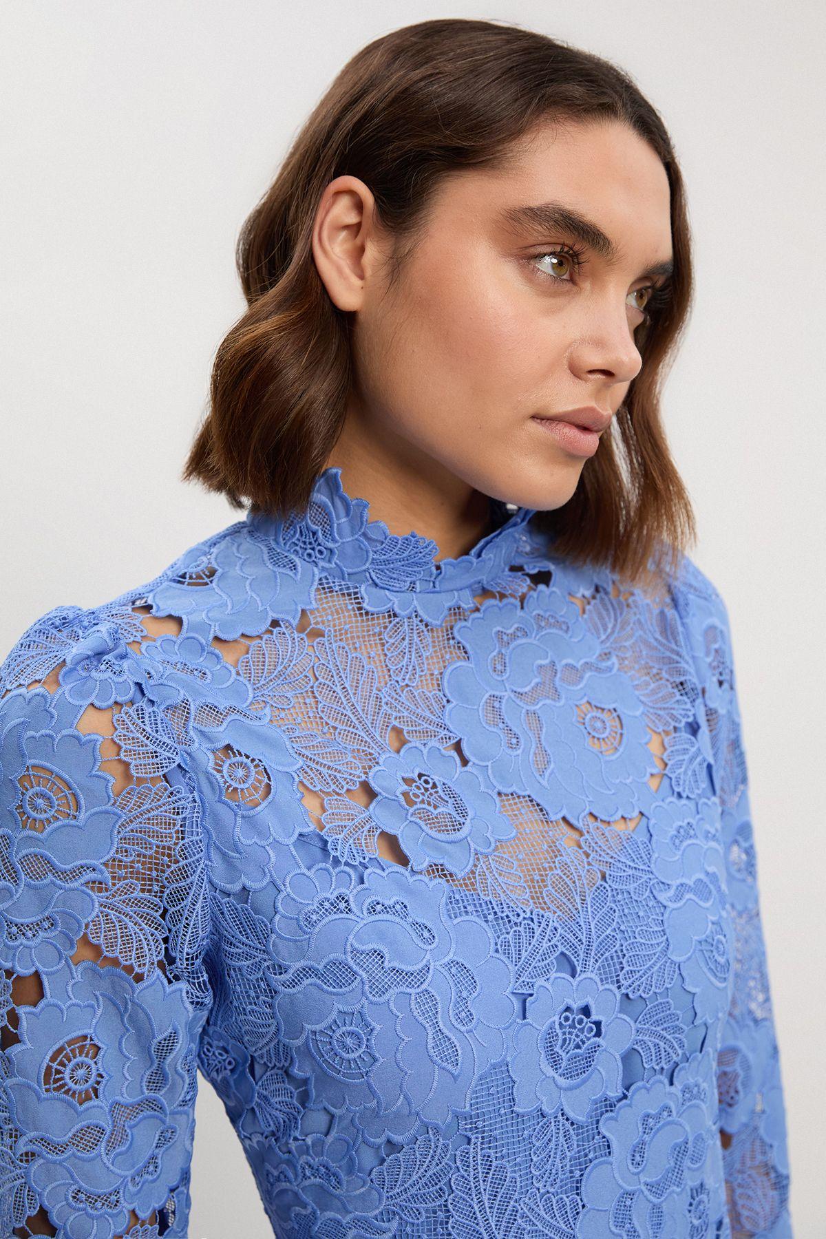 Petite Guipure Lace High Neck Woven Mini Dress by KARENMILLEN