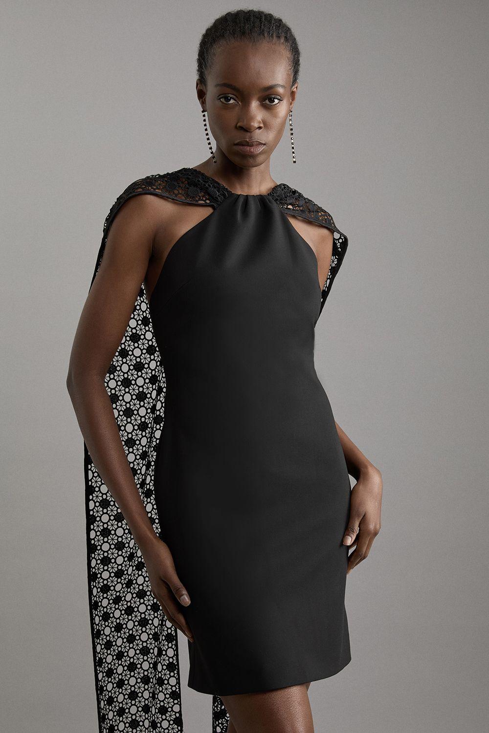 Petite Italian Satin Black Lace Mini Dress by KARENMILLEN