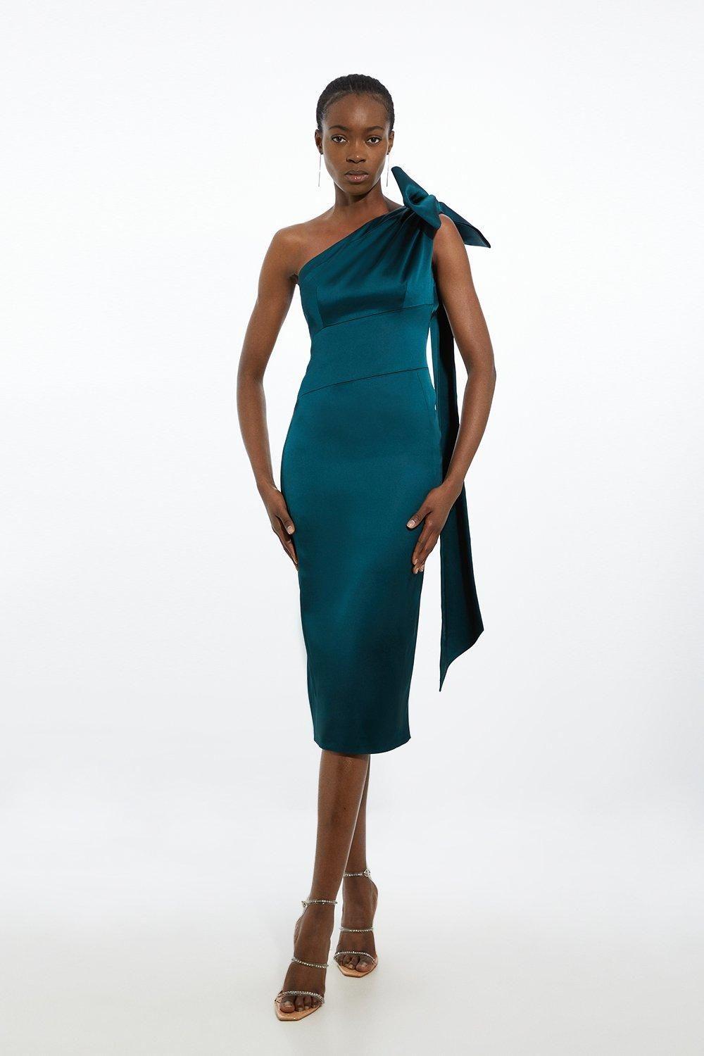 Petite Italian Satin One Shoulder Bow Detail Tailored Midi Dress by KARENMILLEN