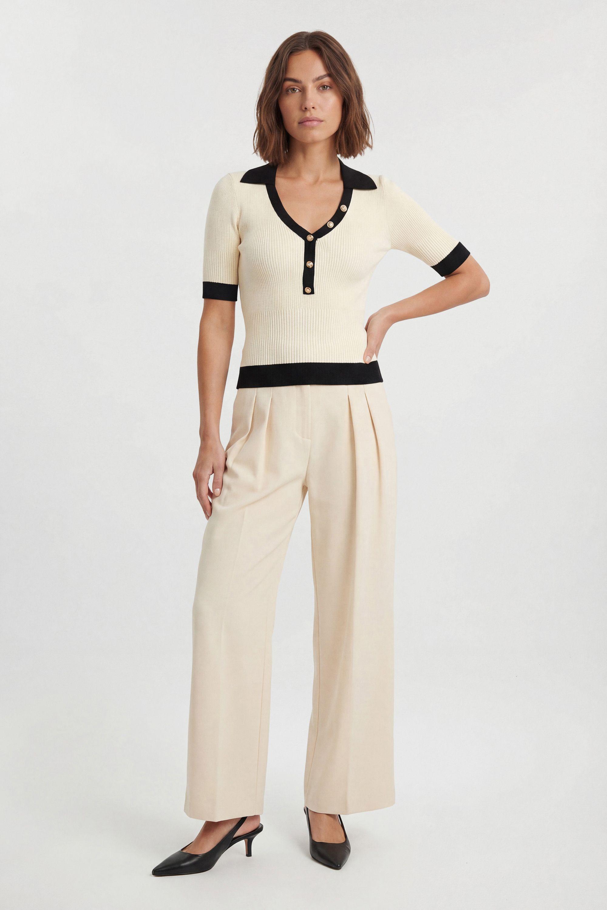 Petite Knit Rib With Contrast Hem Detail Collared Short Sleeve Top by KARENMILLEN