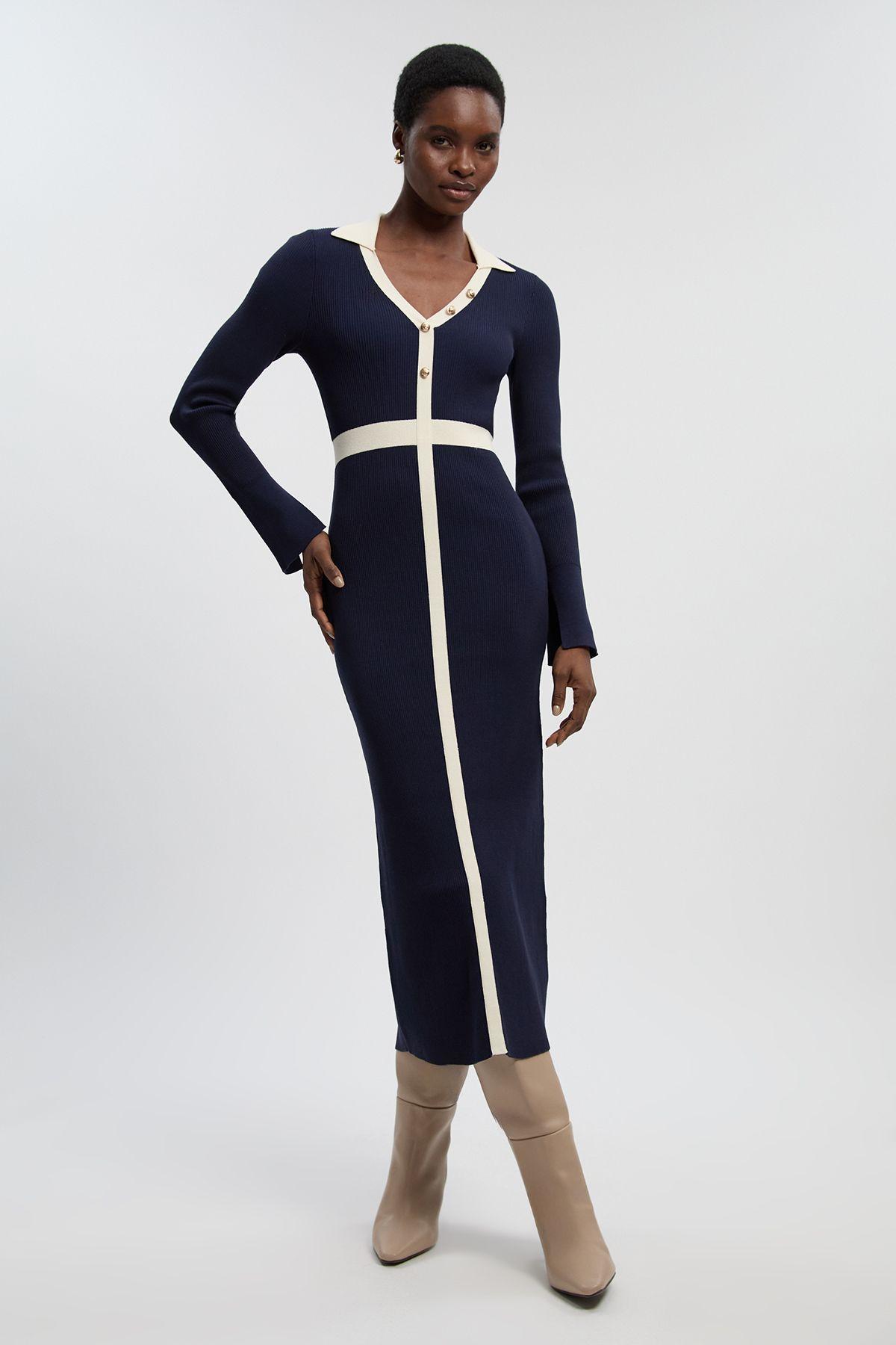 Petite Knit Rib With Contrast Waist Detail Collared Midi Dress by KARENMILLEN