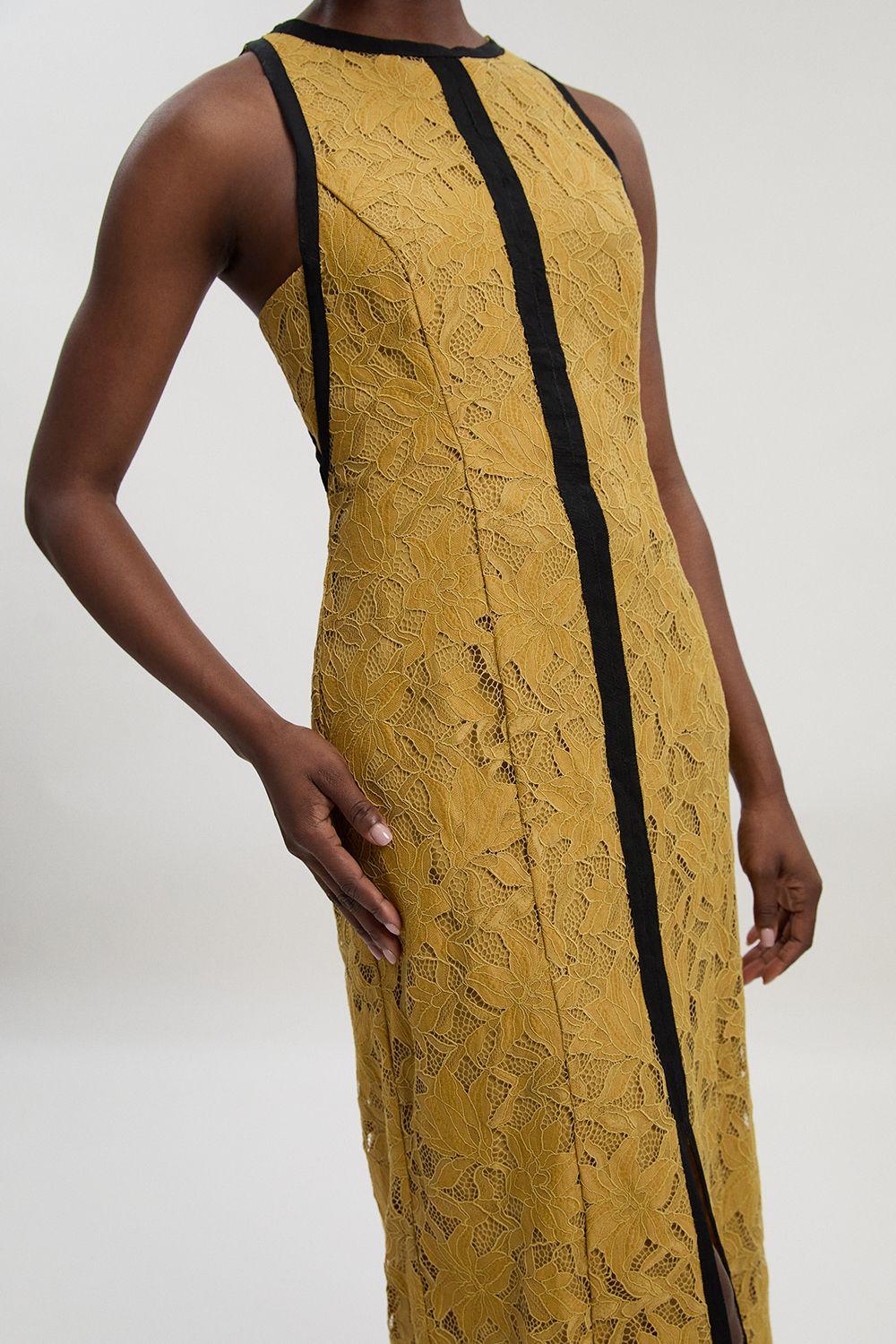 Petite Lace with black taping woven maxi dress by KARENMILLEN