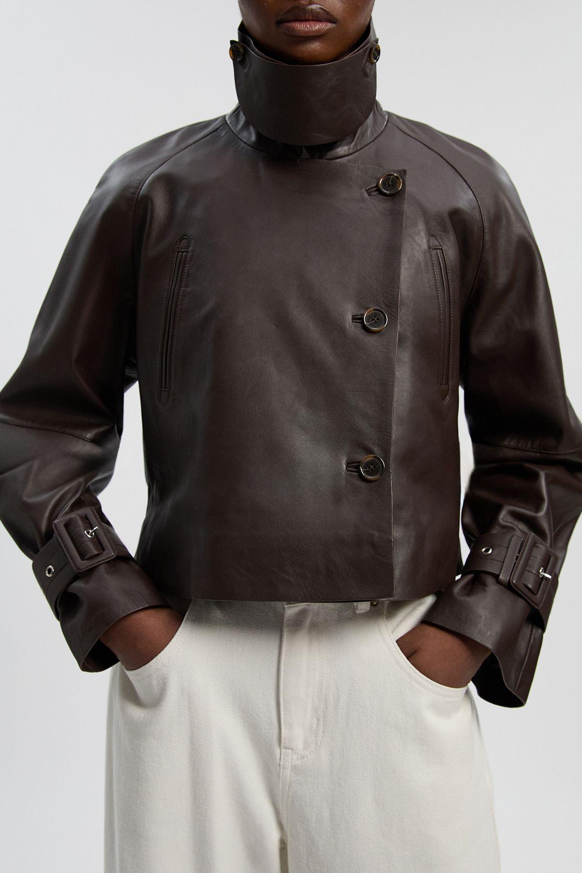 Petite Leather High Neck Crop Trench Coat by KARENMILLEN