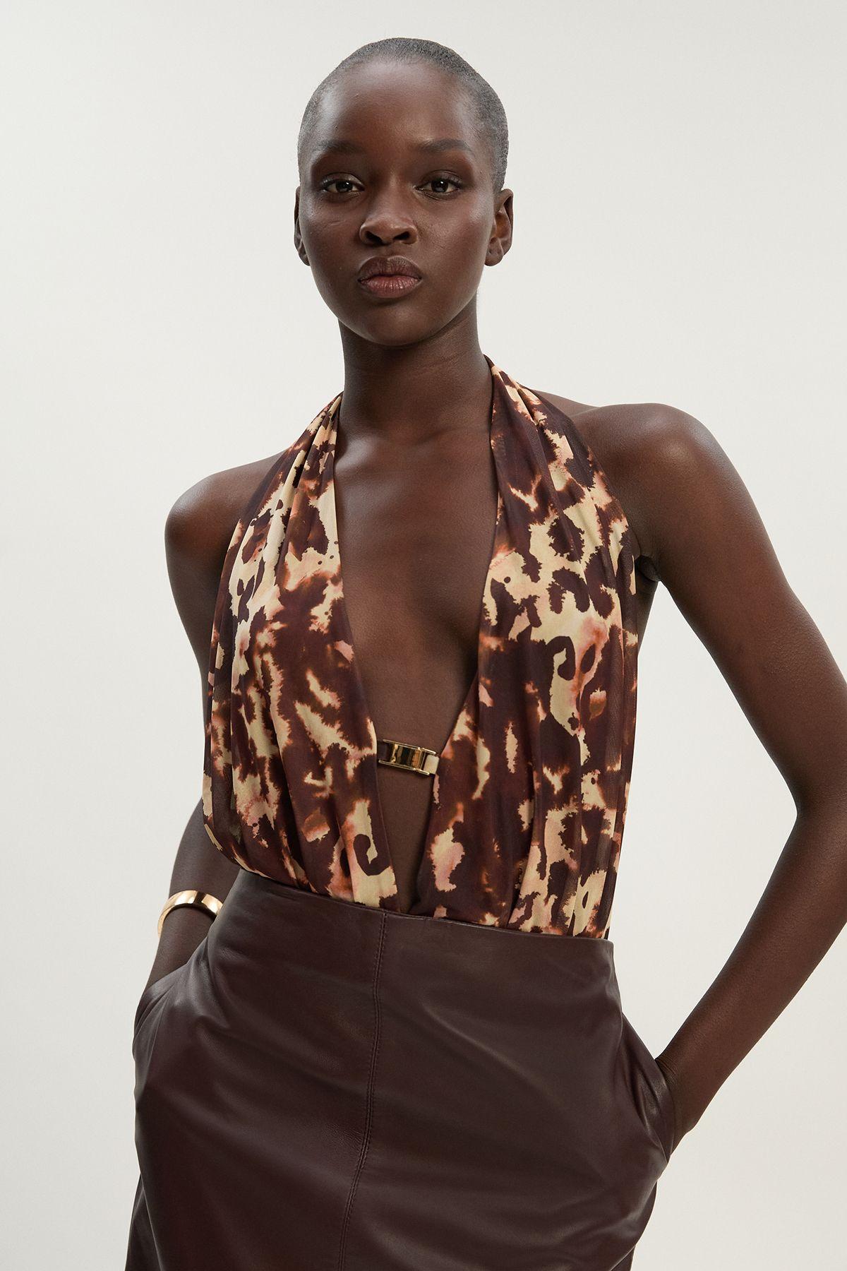 Petite Leopard Print Plunge Halter Neck Trim Detail Mesh Bodysuit by KARENMILLEN