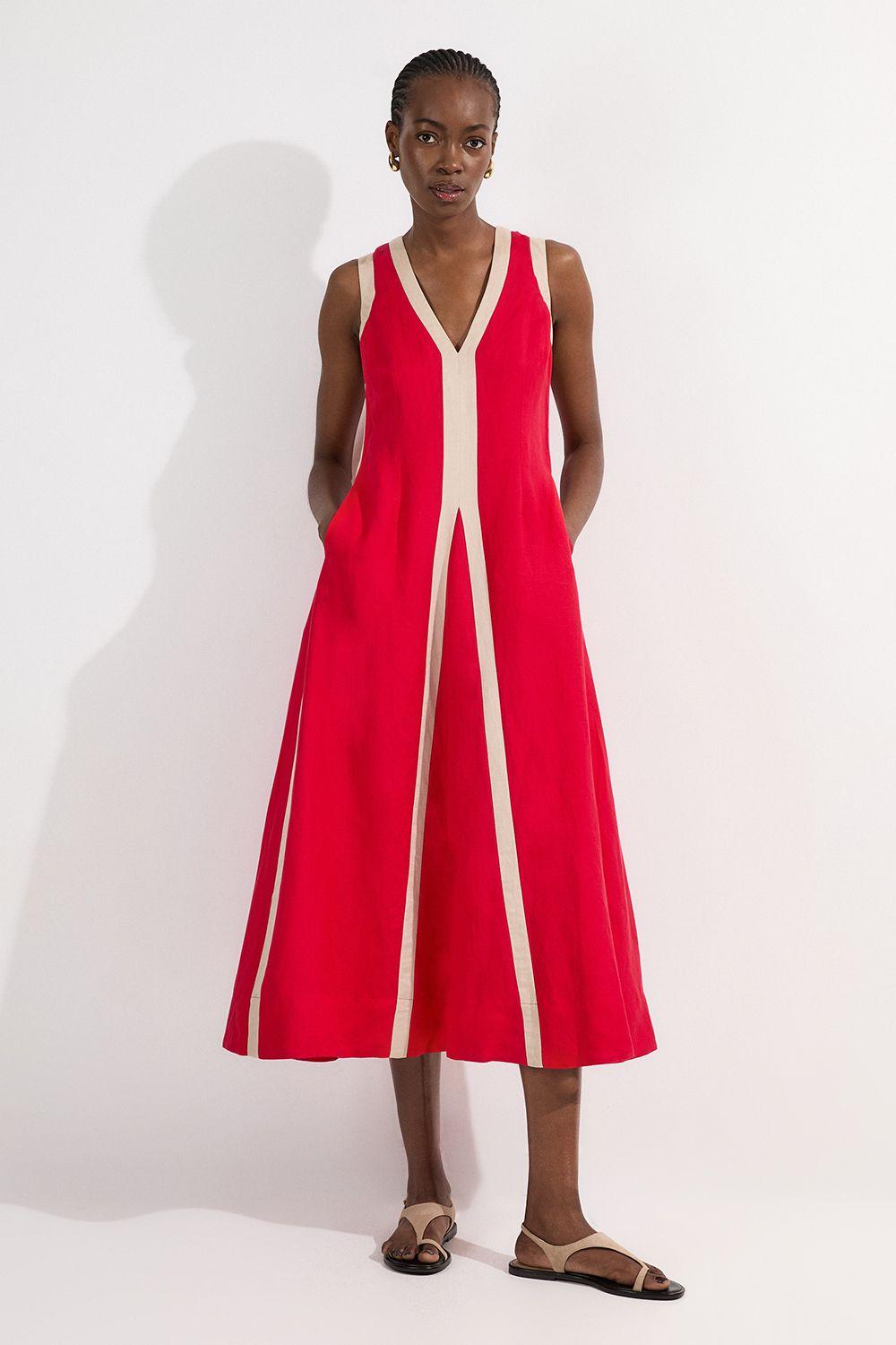 Petite Linen Viscose Colour Block Plunge Neck Woven Maxi Dress by KARENMILLEN