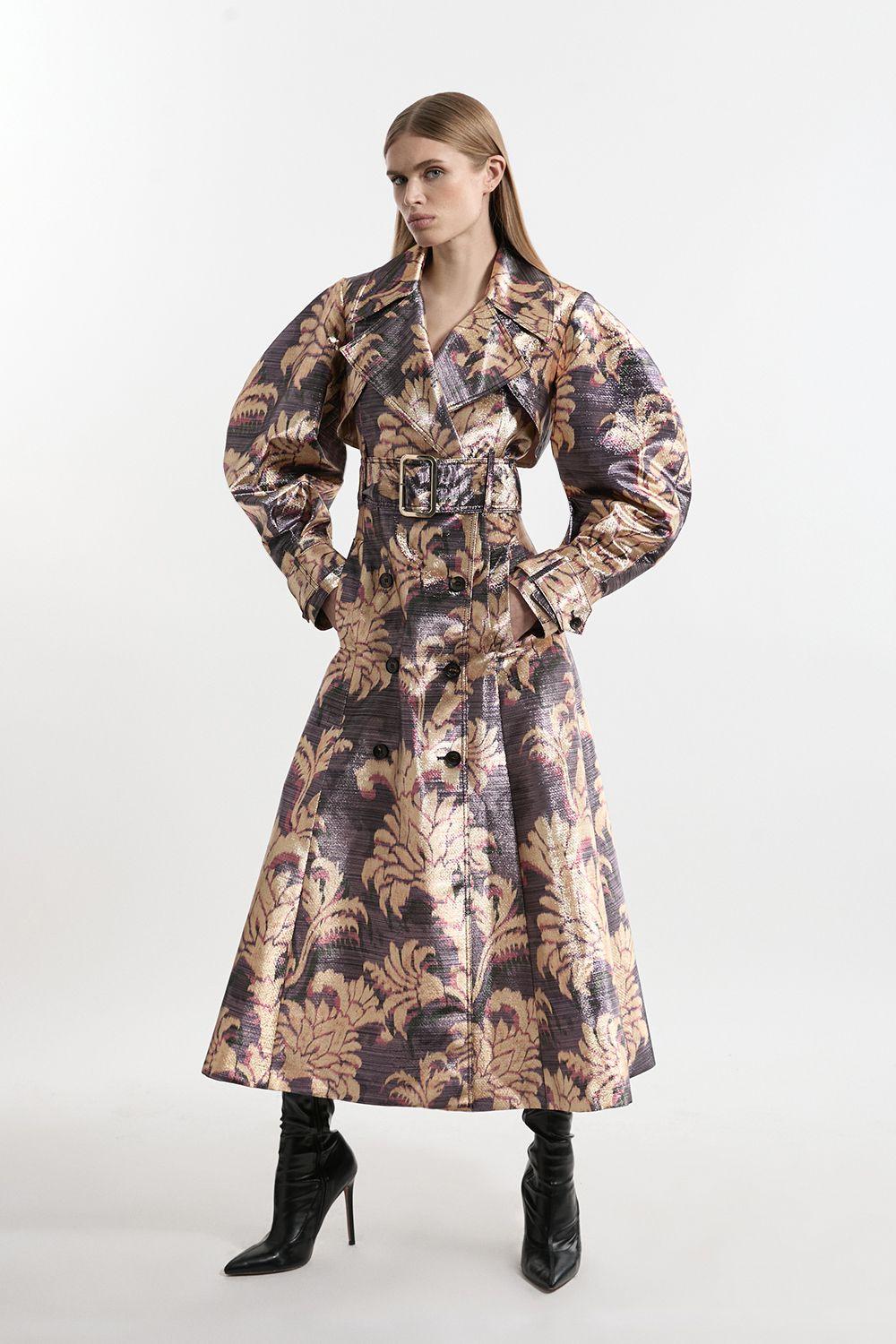 Petite Metallic Floral Tailored Trench Maxi Coat by KARENMILLEN