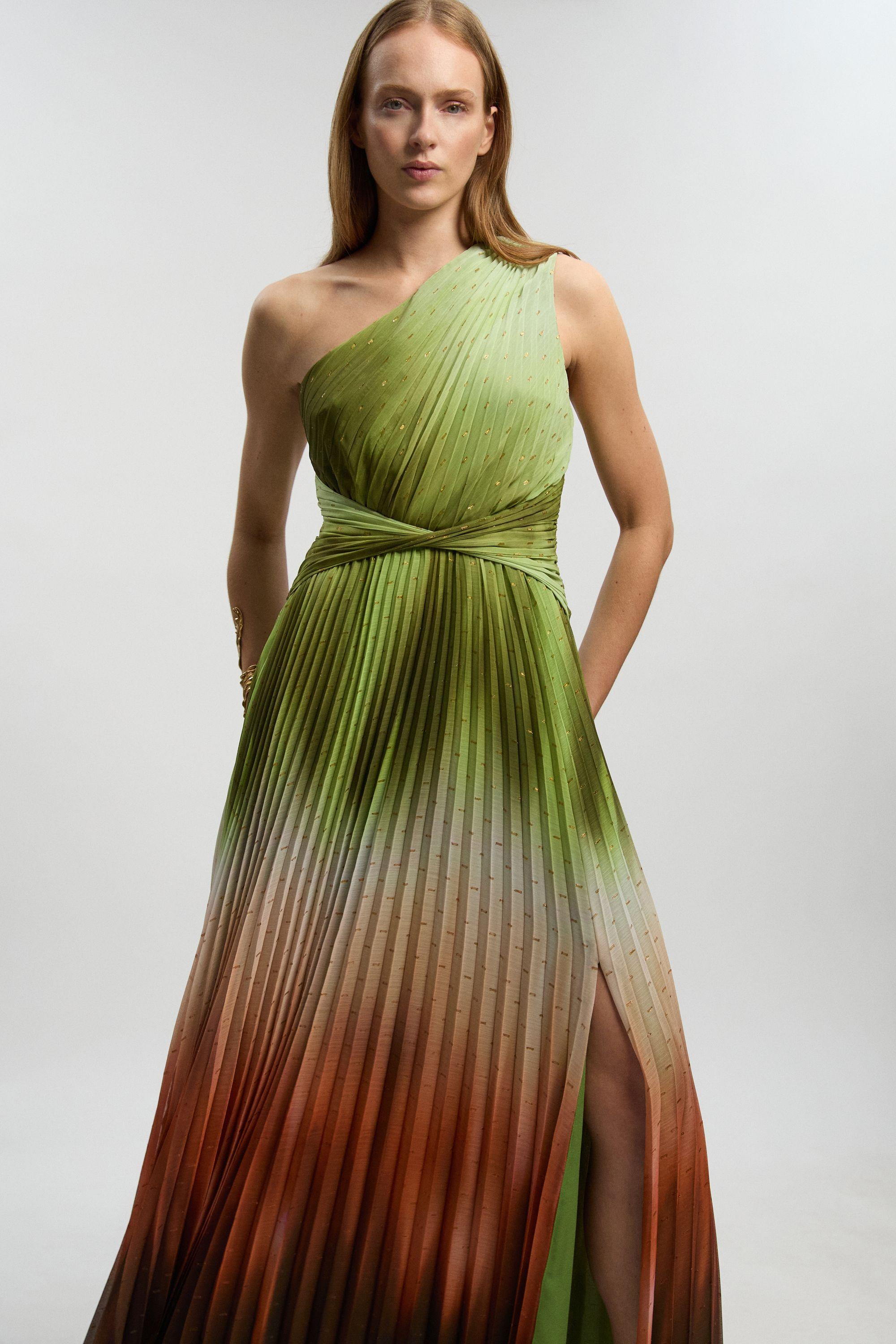 Petite Metallic Thread Ombre Print One Shoulder Woven Maxi Dress by KARENMILLEN